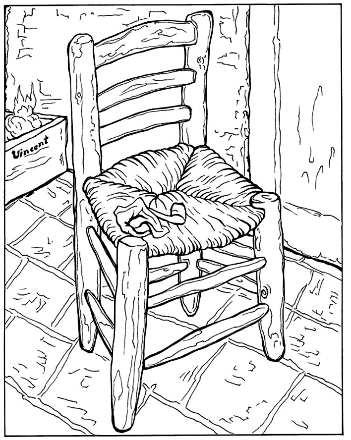 Coloring page created from  Vincent's Chair with his pipe (1888) by Vincent Van Gogh. While Vincent Van Gogh created multiple works featuring chairs, a notable piece is simply titled 'Chair,' which demonstrates his ability to infuse ordinary objects with emotional depth through expressive colors and bold brushstrokes, transforming the mundane subject into a symbol of introspection and artistic contemplation.