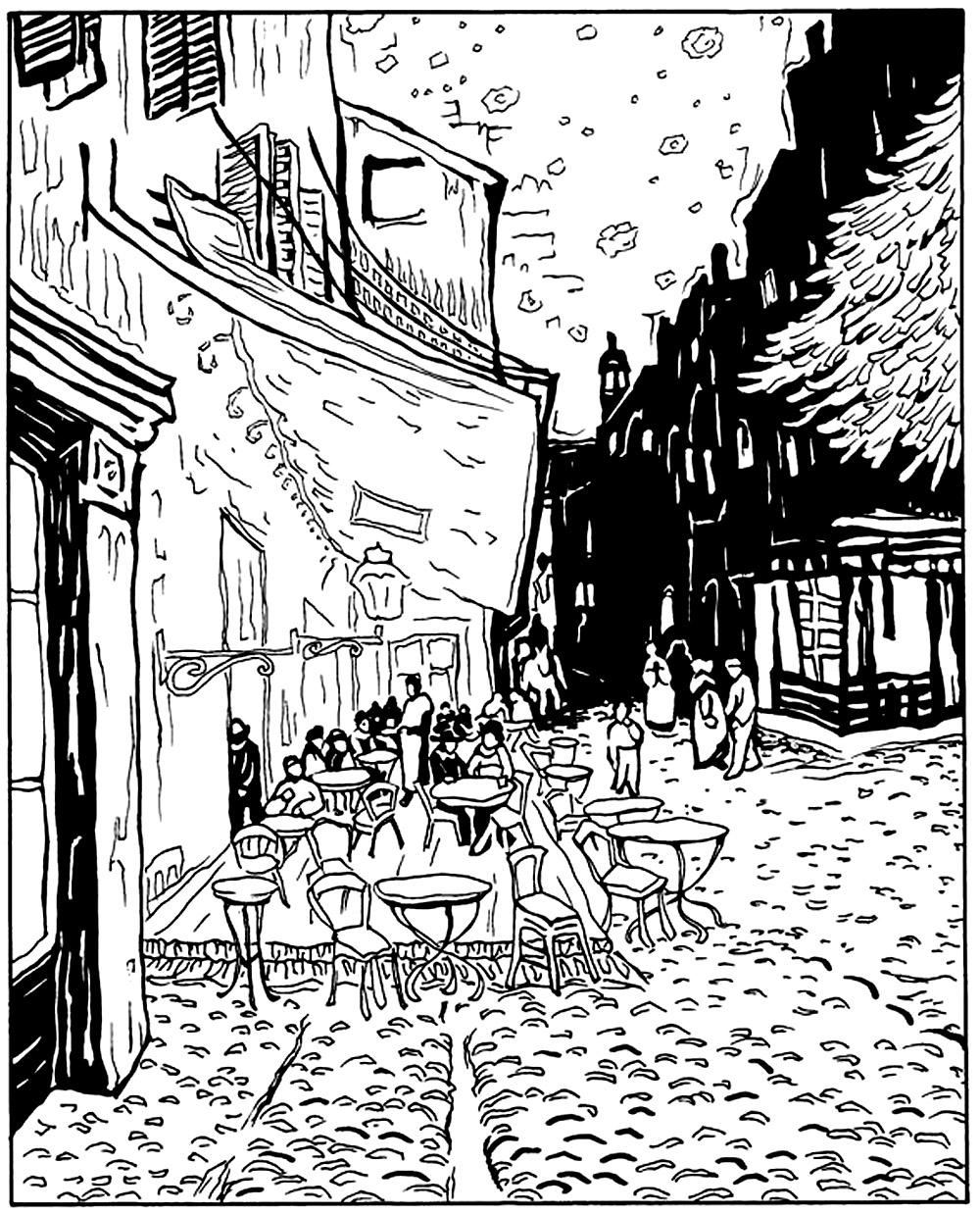 Coloring page created from  Café Terrace at Night (1888) by Vincent Van Gogh. This painting is a luminous masterpiece that captures the enchanting atmosphere of a quiet evening in Arles, with its vibrant colors, starlit sky, and the warm glow emanating from the lively cafe, offering a glimpse into the artist's unique vision and emotional connection to the scene.