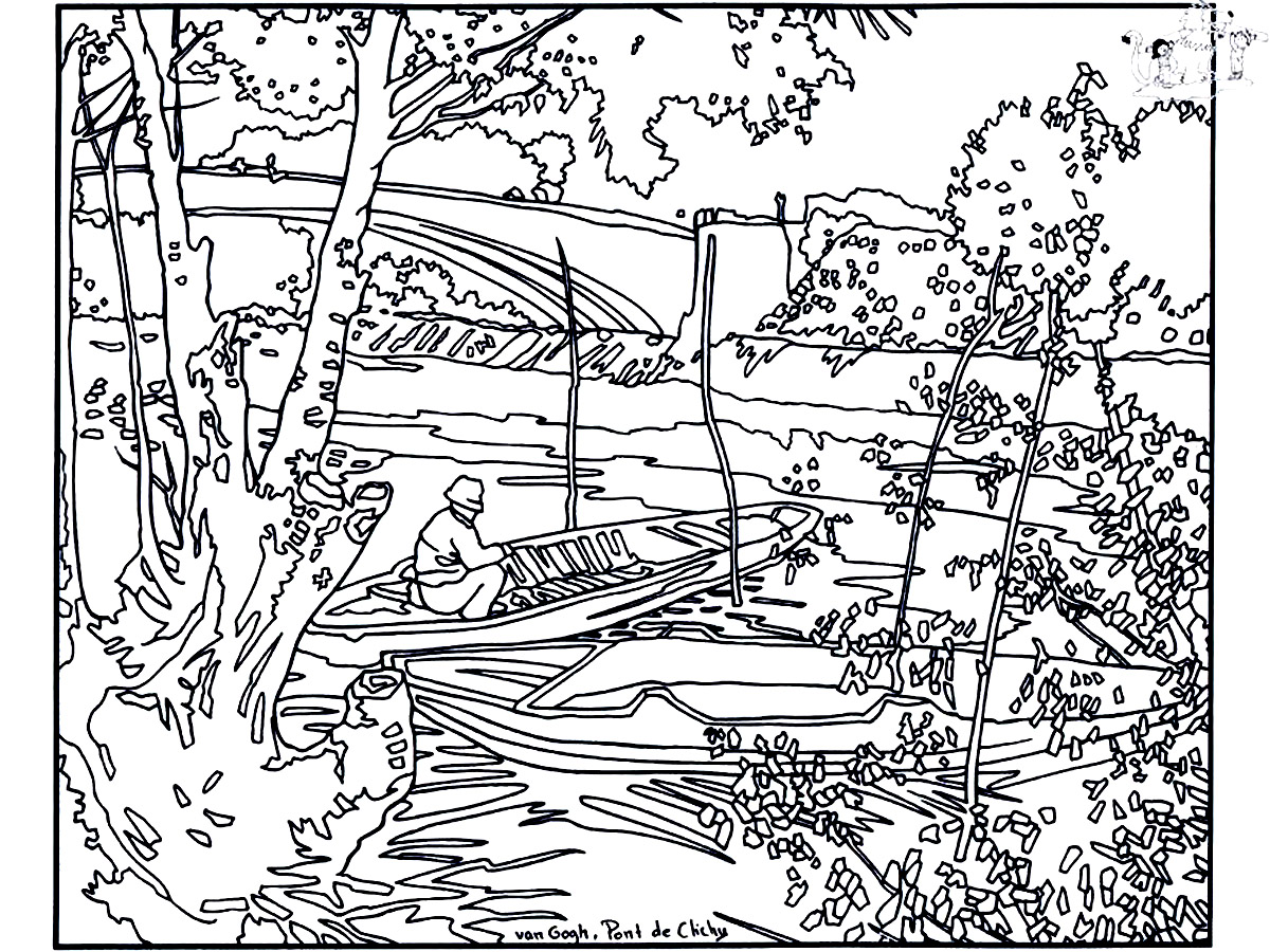 Coloring page created from  Fishing in spring at the Clichy bridge (1887) by Vincent Van Gogh