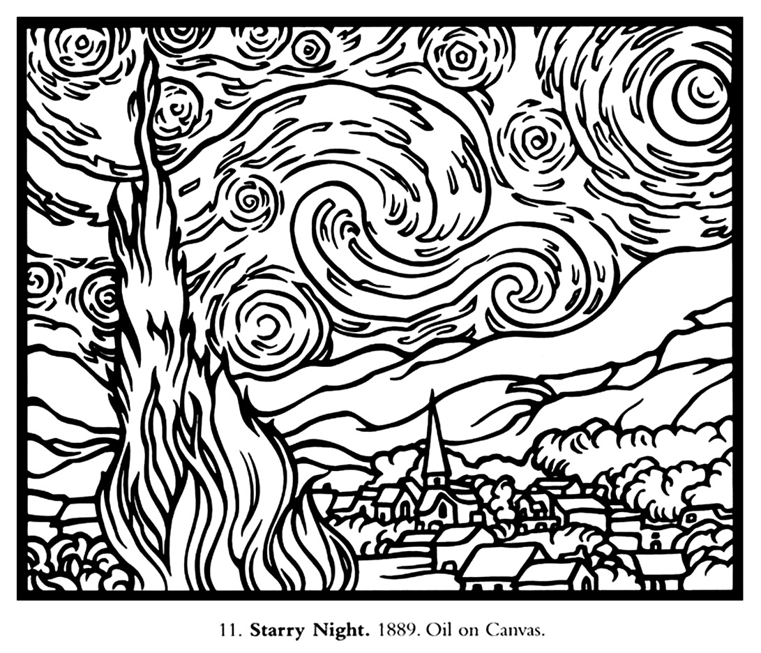 Coloring page created from  The Starry Night (1889) by Vincent Van Gogh . This painting features a swirling night sky filled with stars, a luminous crescent moon, and a quaint village below.Van Gogh's use of bold, swirling brushwork and vibrant colors imparts a sense of emotional intensity and captures the essence of a deeply turbulent yet beautifully transcendent night.