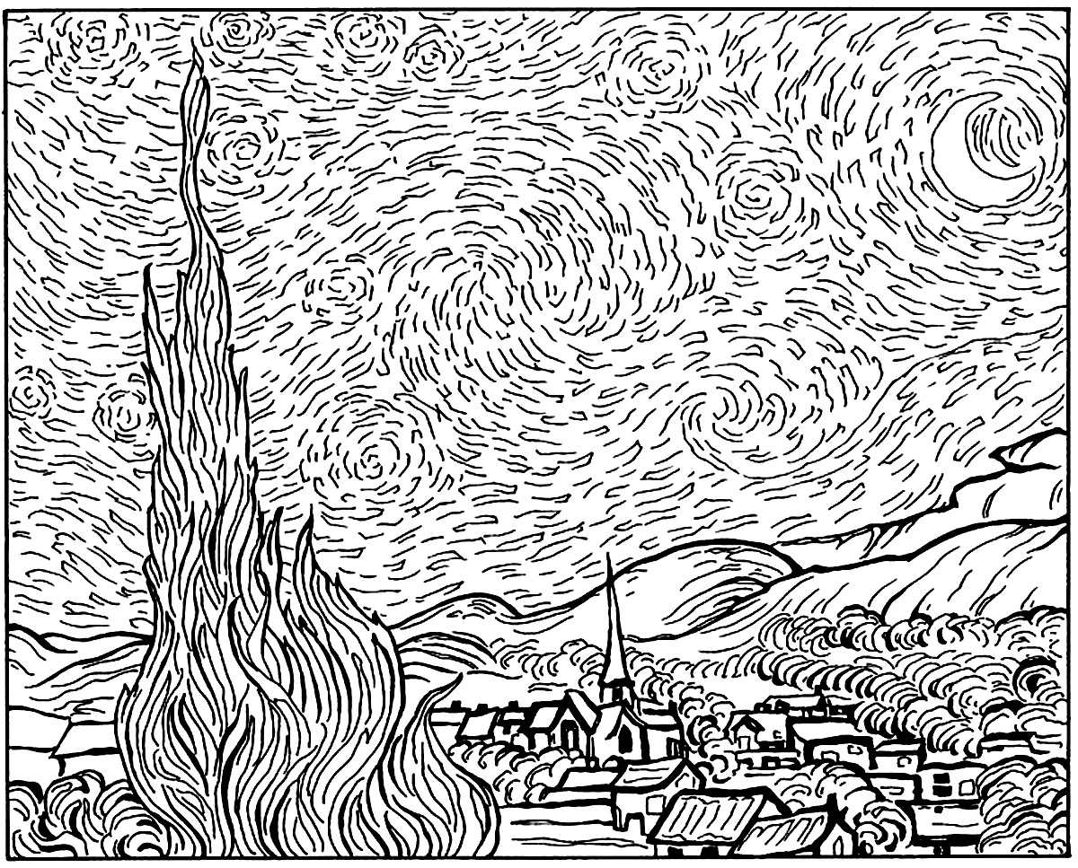 Coloring page created from  The Starry Night (1889) by Vincent Van Gogh (complex version)