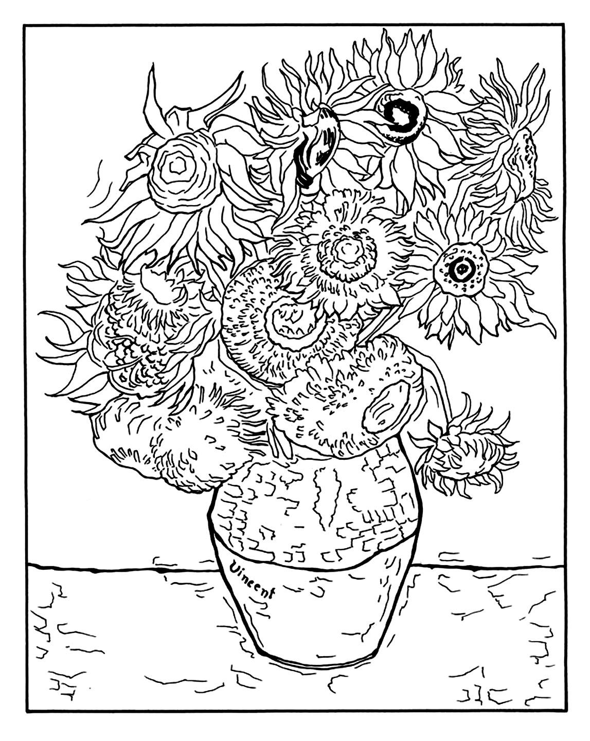 Coloring page created from 'Vase with Twelve Sunflowers' by Vincent Van Gogh