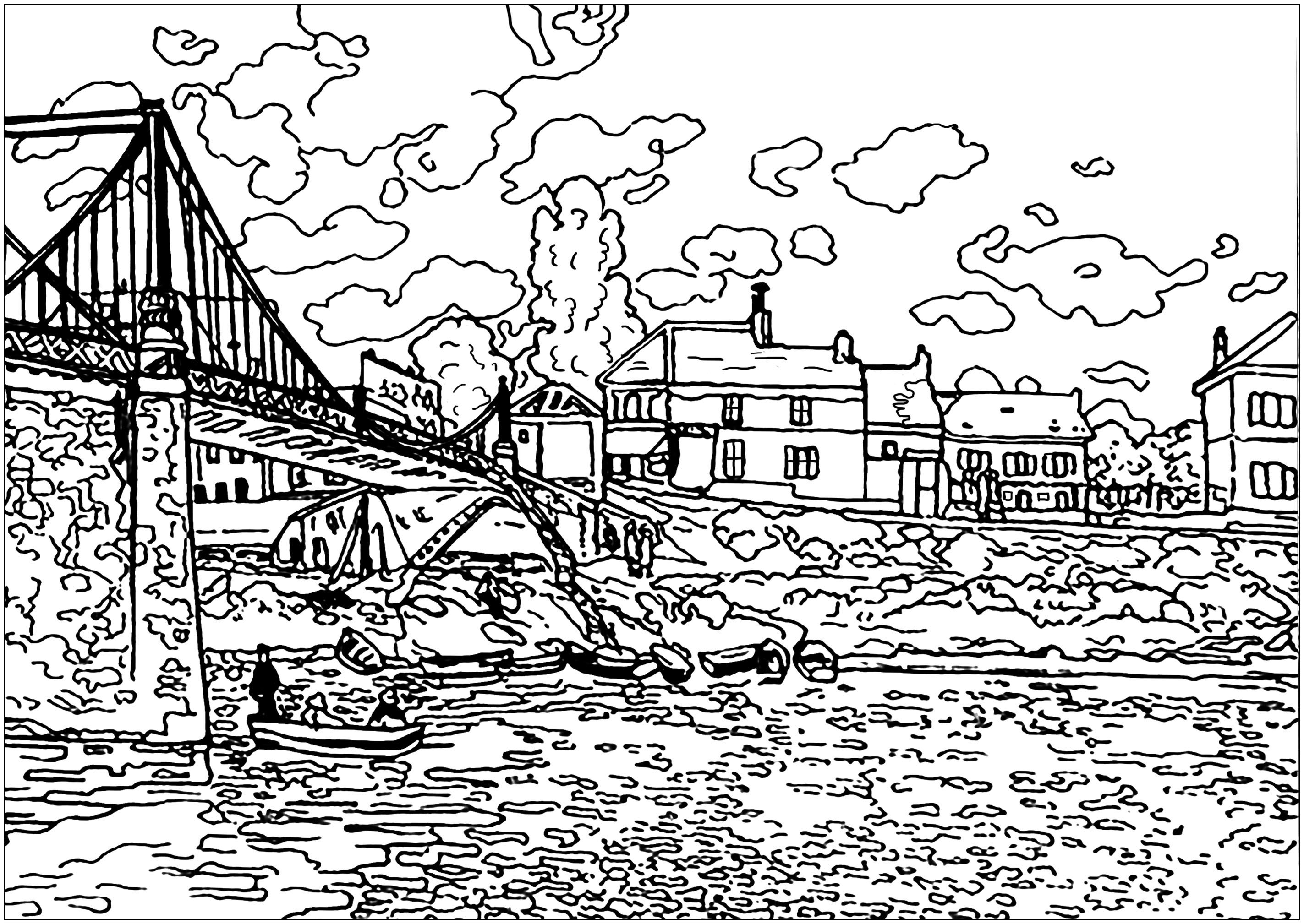 Coloring page created from a painting by Alfred Sisley, famous French Impressionist landscape painter, Artist : Art. Isabelle