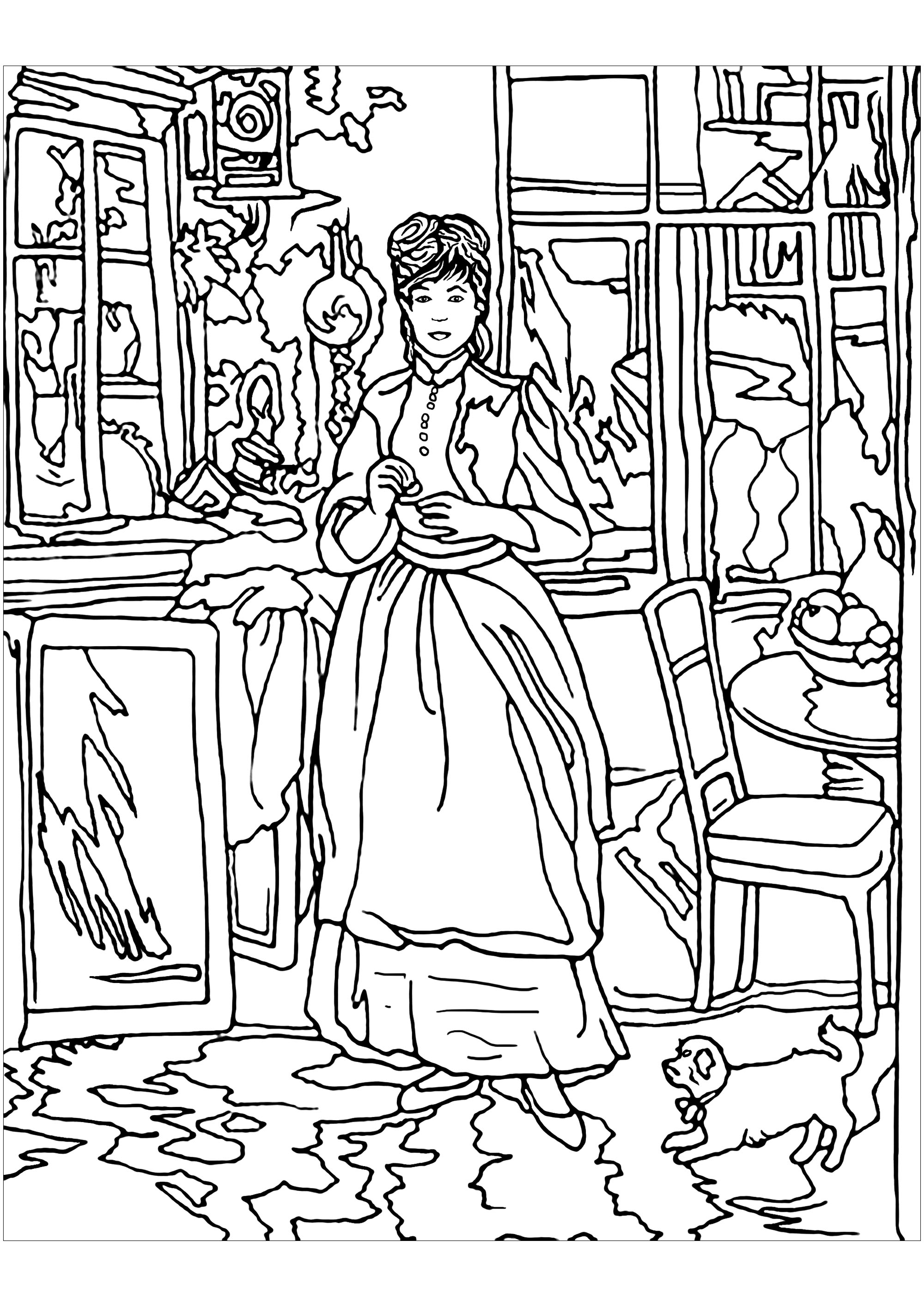 Coloring page inspired by a work by Impressionist painter Berthe Morisot : In the dinning room. . Morisot's paintings reveal aspects of feminine life in the late nineteenth century, even private, intimate moments generally closed to male counterparts, Artist : Art. Isabelle