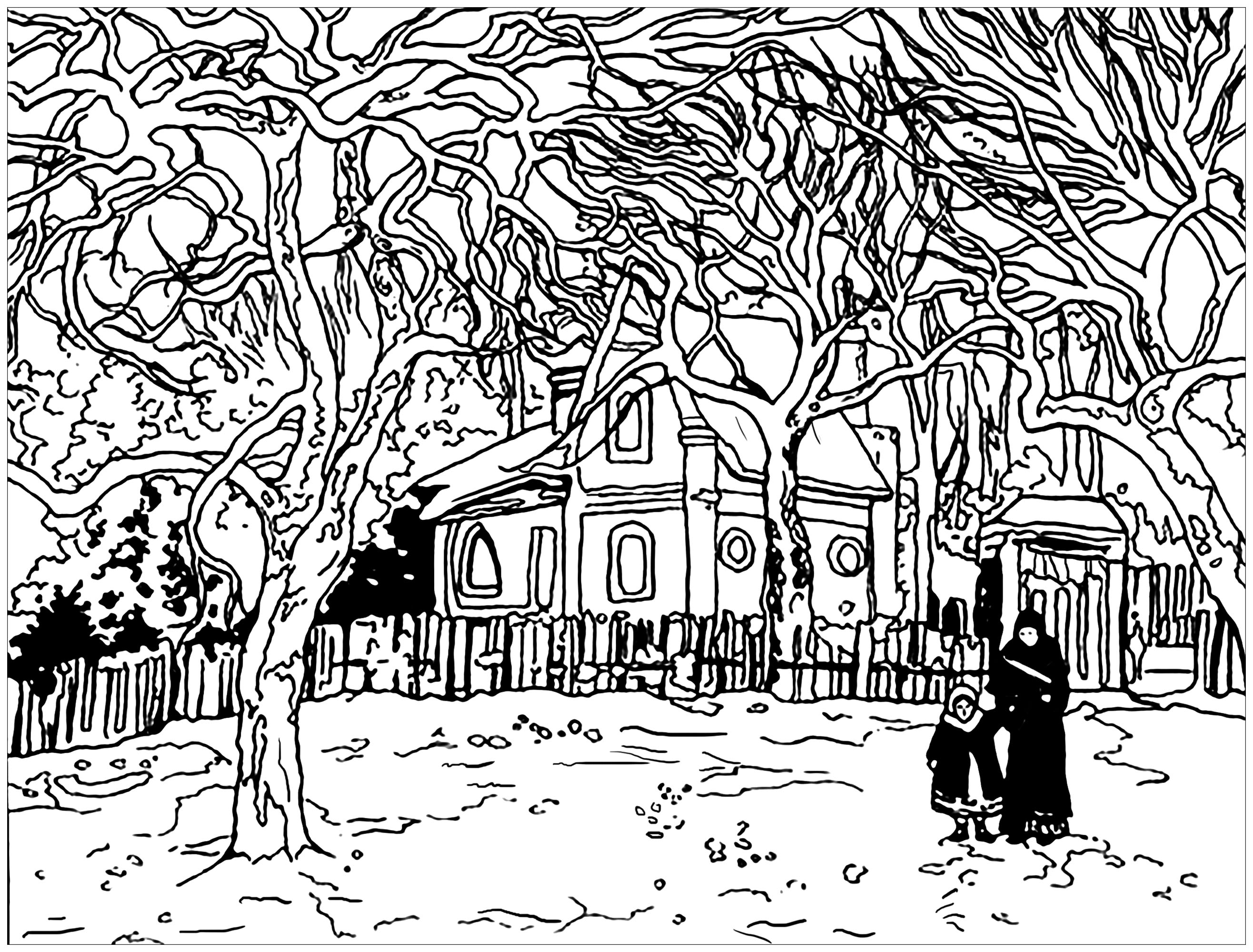 Color this beautiful snowy landscape by Camille Pissaro, Artist : Art. Isabelle