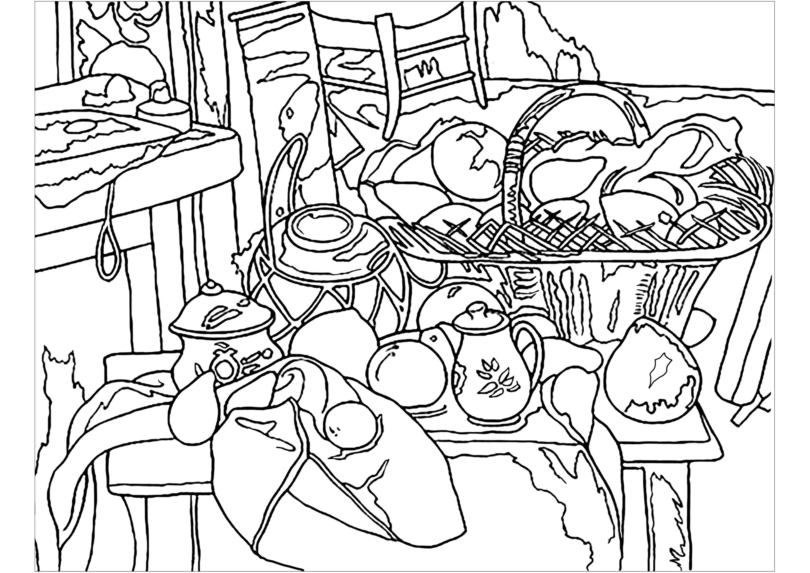 Coloring page created from a Still life by Paul Cézanne : Kitchen Table, Artist : Art. Isabelle
