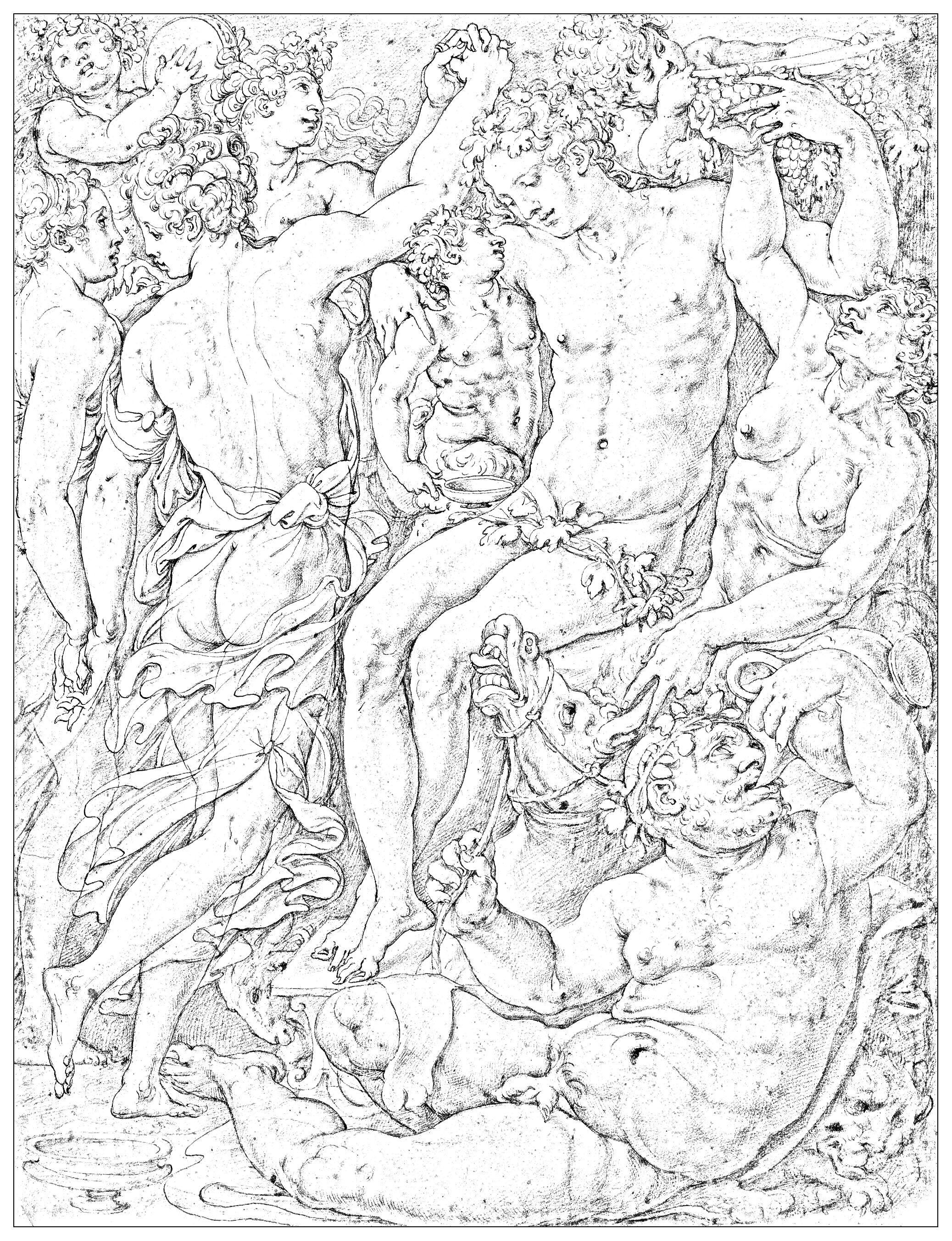 A drawing by Giorgio Vasari (1511 - 1574): 'Bacchanal: Bacchus, Silenus, Fauns and Maenads'. Painting exhibited at the Musée du Louvre (see original)