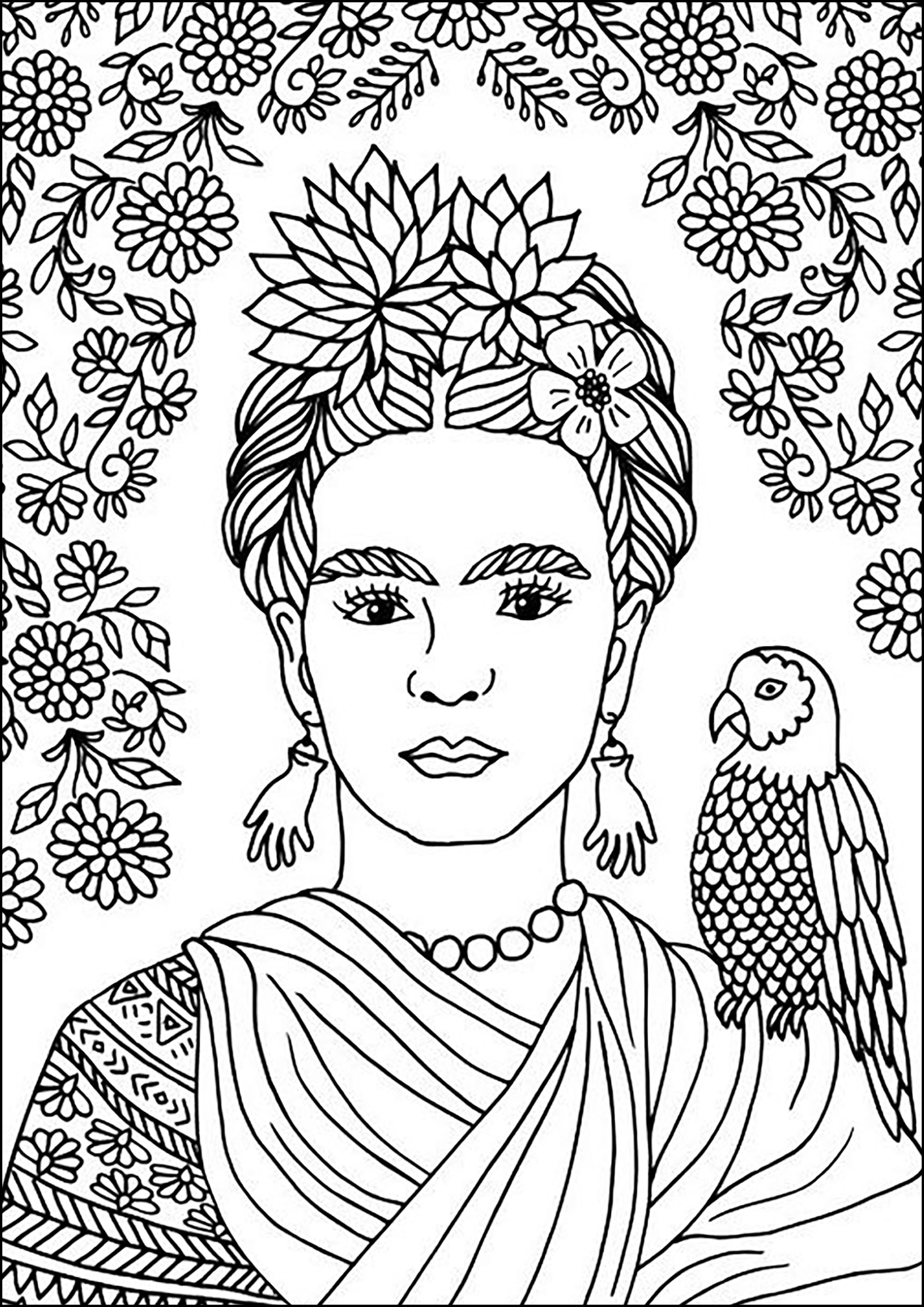 frida-kahlo-and-a-parrot-masterpiece-coloring-pages-for-adults