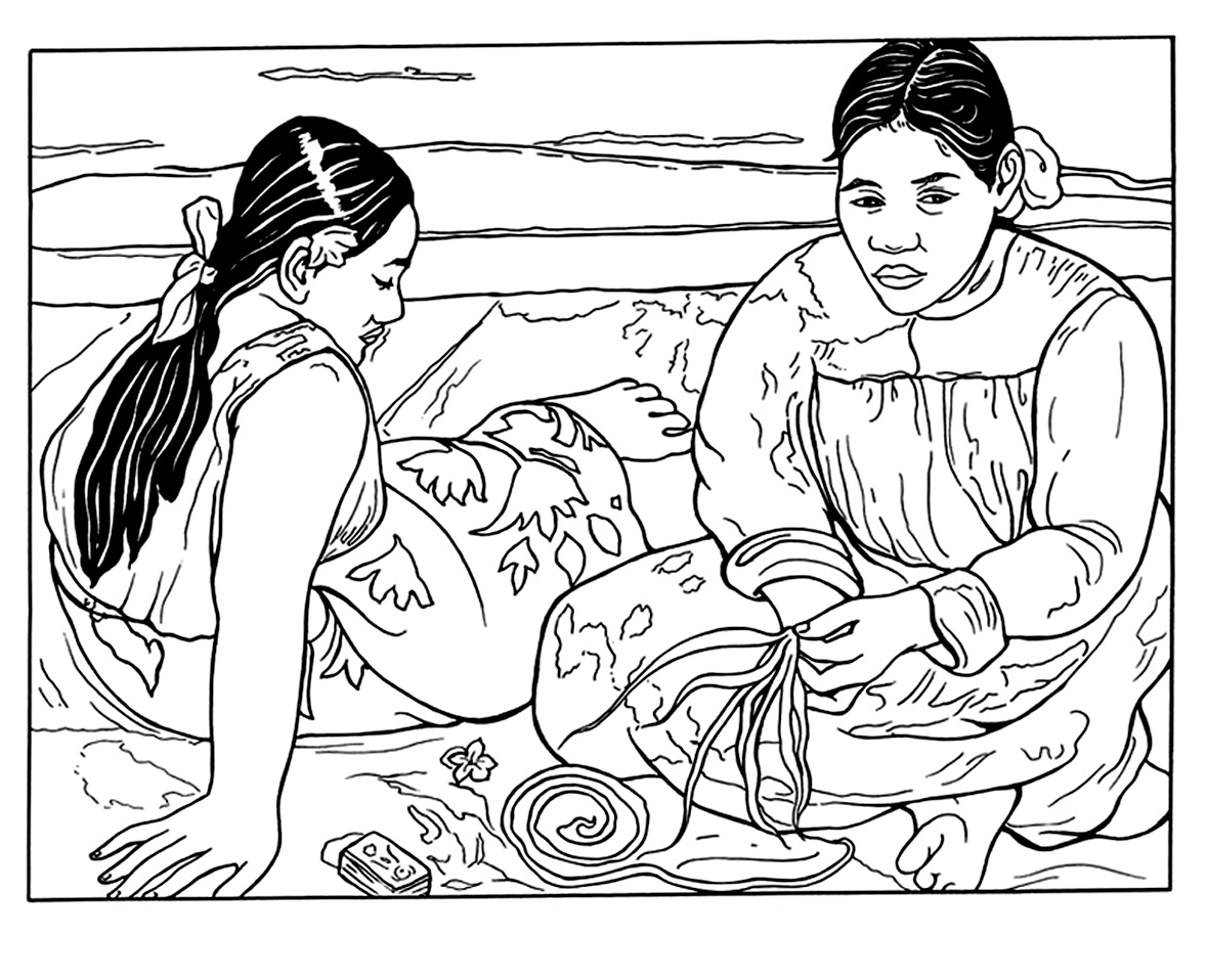 Coloring page inspired by a painting by Paul Gaughin representing Tahitian women
