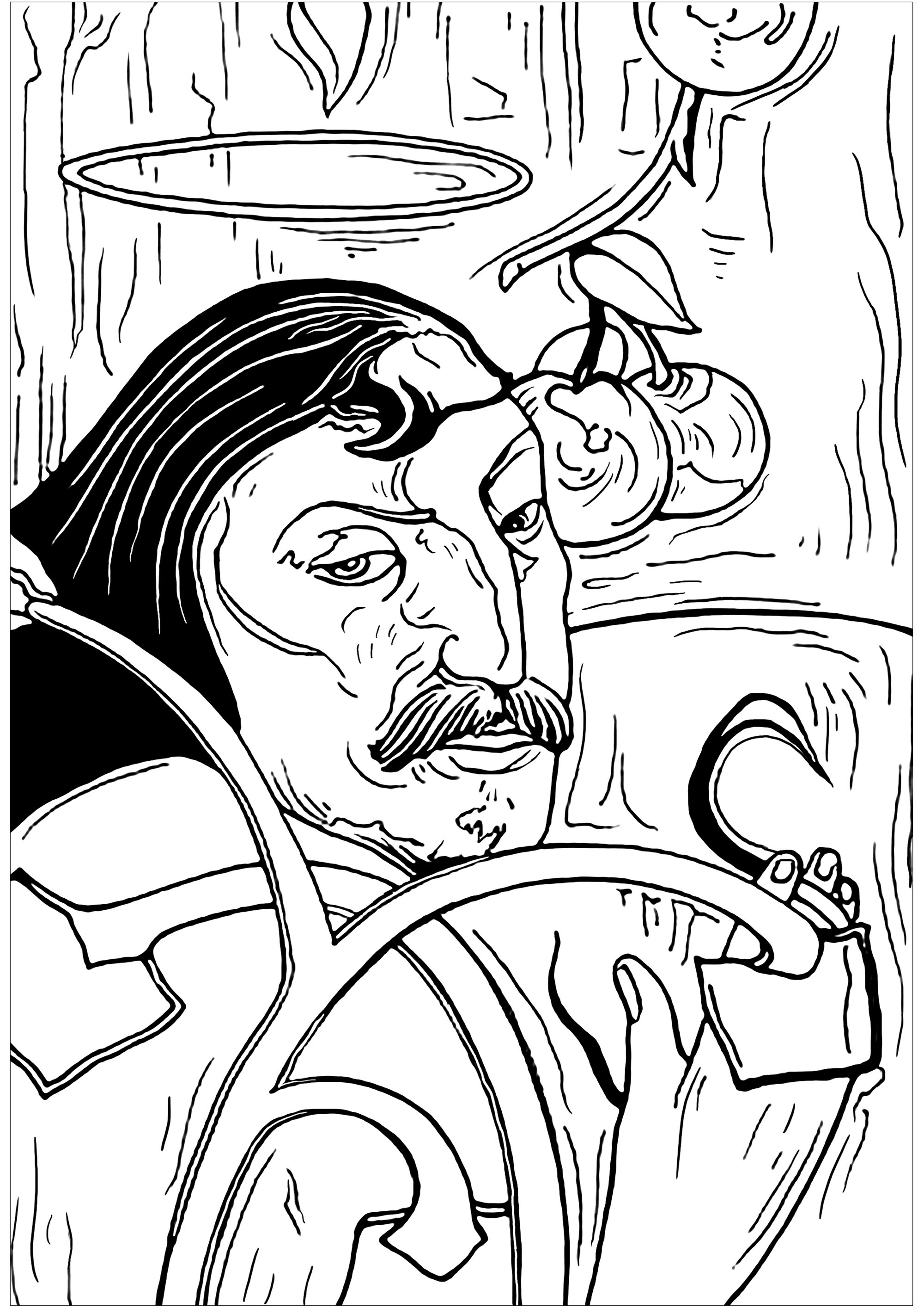 Coloring page inspired by a self-portrait by artist Paul Gauguin : Self-Portrait with Halo (1889), Artist : Art. Isabelle