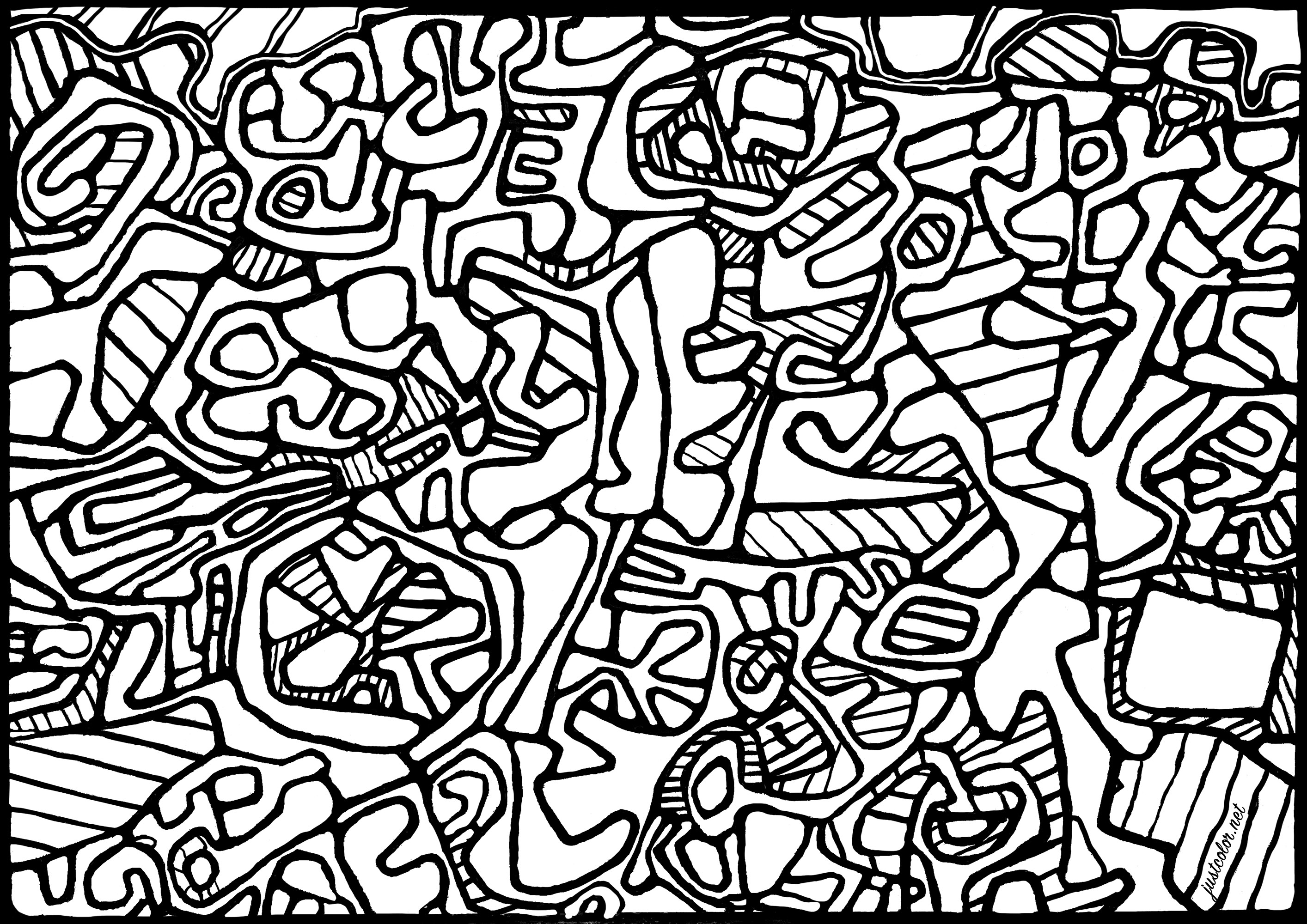 Coloring based on the painting 'Jardin L'Hourloupe' by Jean Dubuffet (1966). Jean Dubuffet began his career painting landscapes and portraits. Interested in the free, instinctive expression of the untrained artist, he founded the Art Brut movement and created many works in this aesthetic, using materials such as concrete and earth. He also developed the concept of 'Hourloupe', a fantastic universe populated by strange, grotesque characters. Dubuffet was also a passionate collector of art brut, and created an important collection that has been exhibited worldwide.