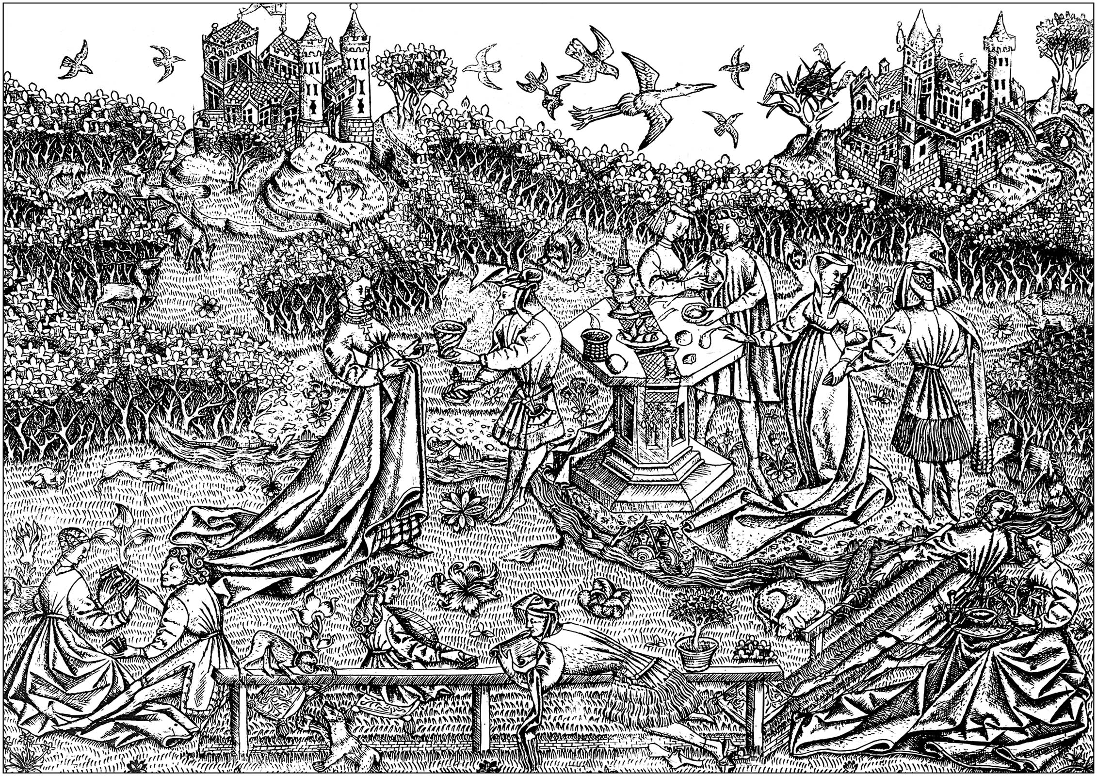 Engraving 'Master of the Gardens of Love (The Great Garden of Love)' by Jérôme Bosch (circa 1450)!. This engraving can be seen in Berlin, at the Staatliche Museen. It's virtually the original drawing that you can color in: nothing has been altered, except for a few traces in the sky.