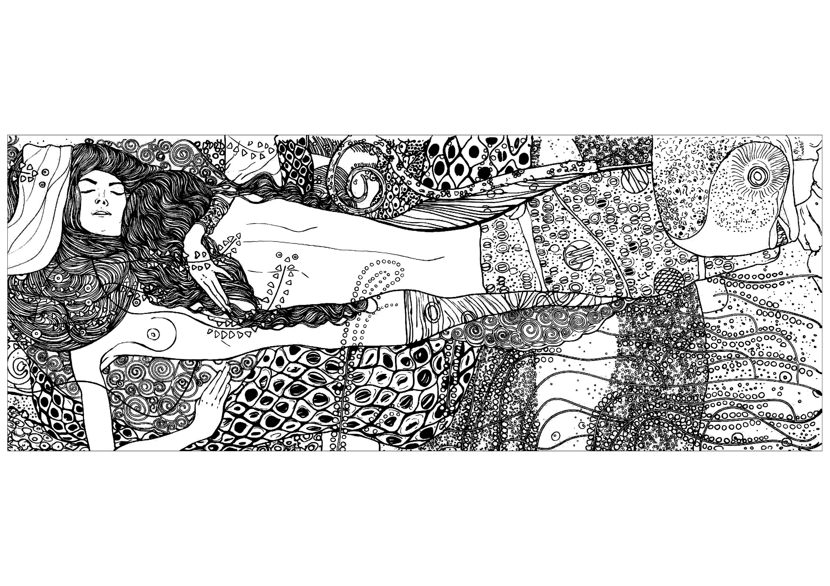 Coloring page created from the painting 'Water serpents I' by Gustav Klimt