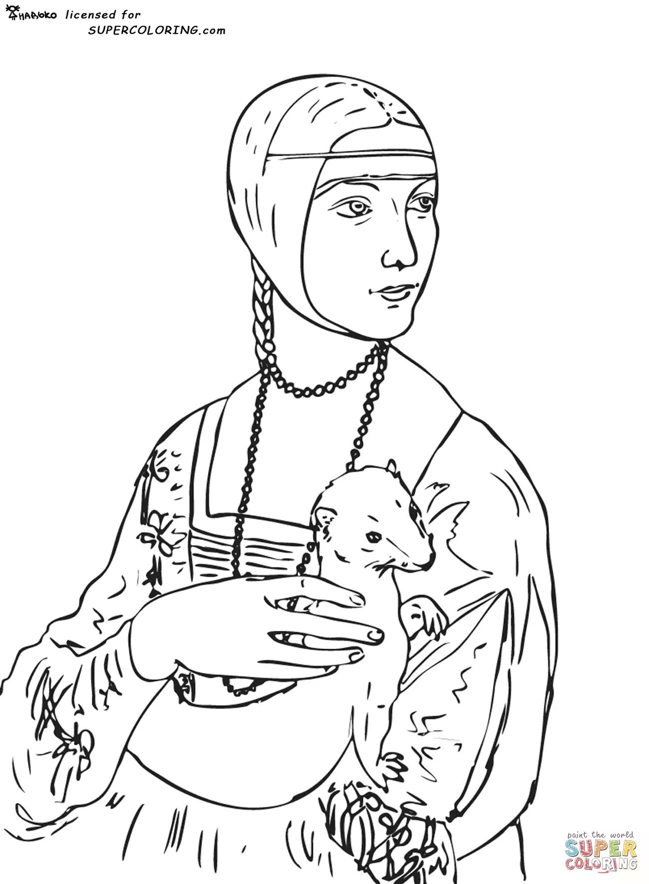 Coloring page created from Leonardo da Vinci's painting 'Lady with an ermine' (1489-1490)