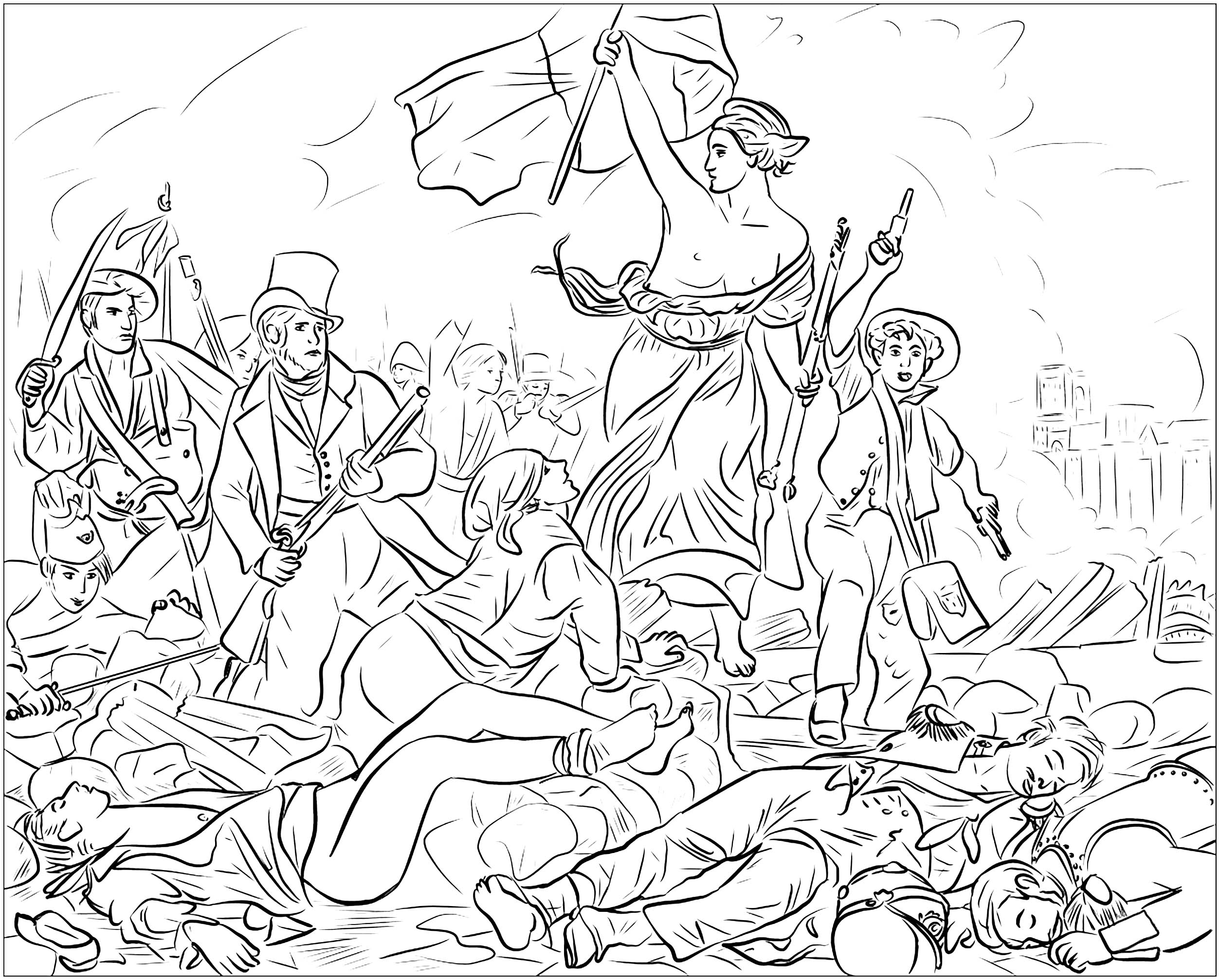 Coloring page created from the famous painting commemorating the July Revolution of 1830 in France, by Eugène Delacroix : Liberty Leading the People, Source : supercoloring   Artist : Nata Silina