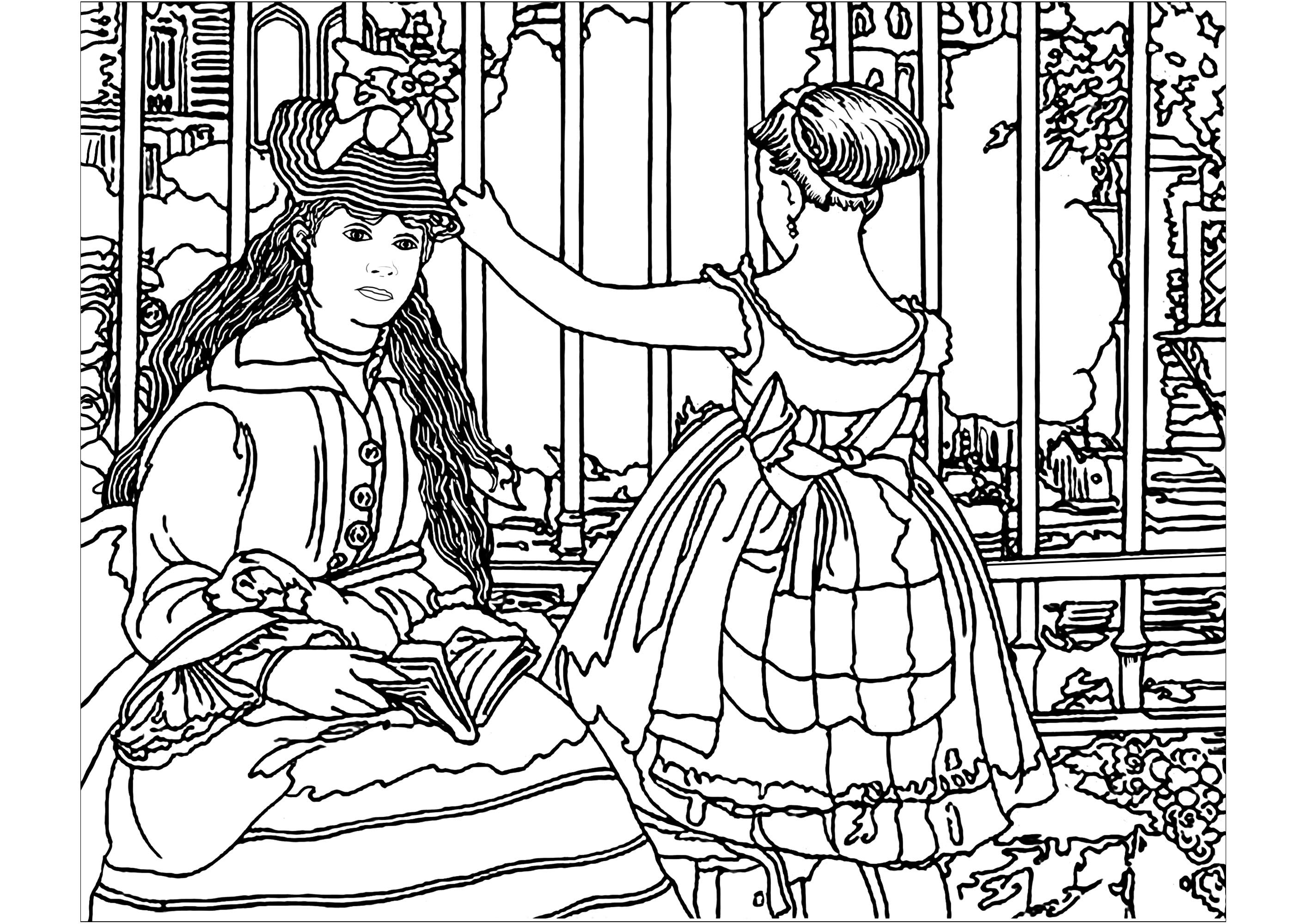 Coloring page inspired by a work by Impressionist painter Édouard Manet : The railway, Artist : Art. Isabelle