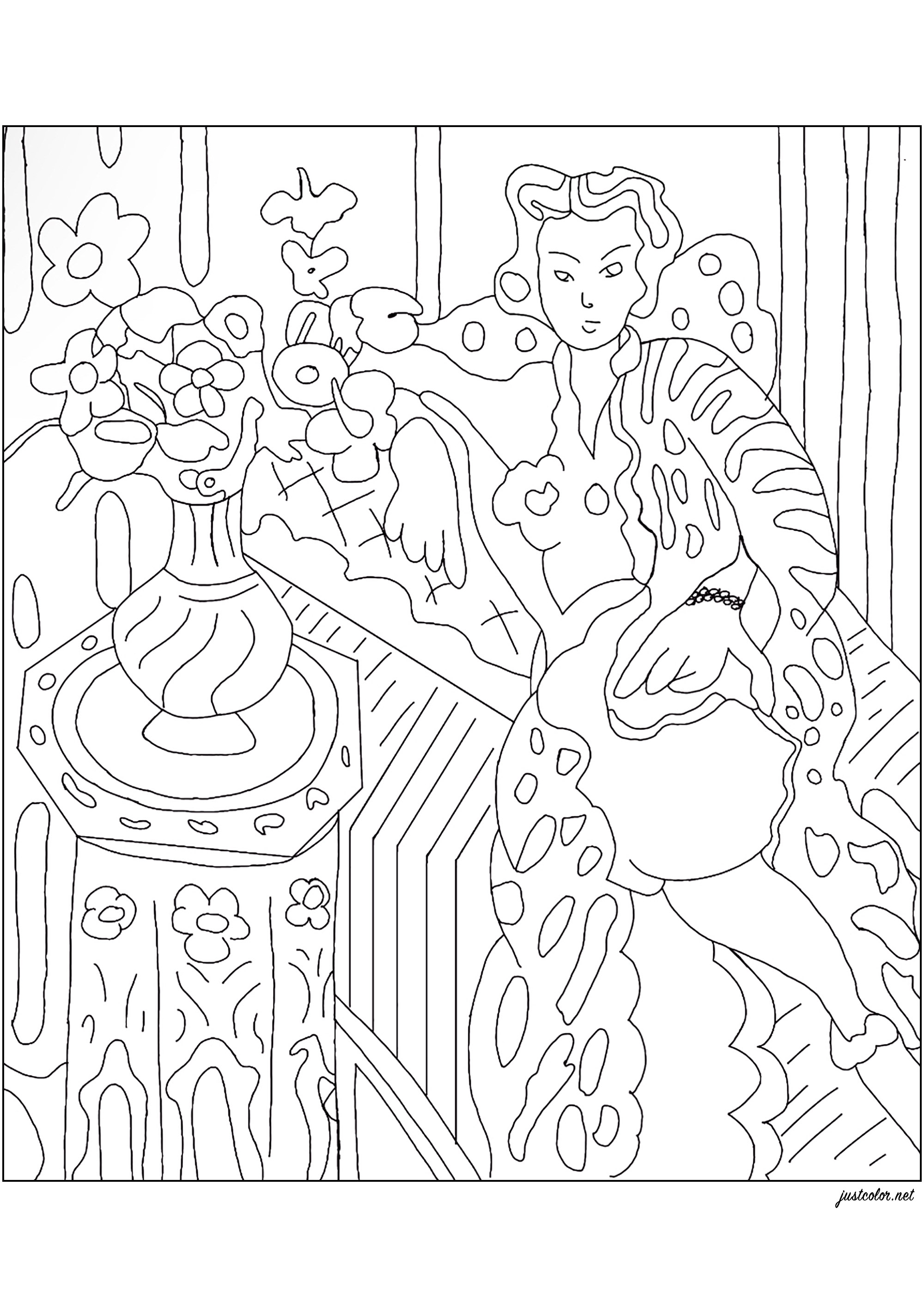 Coloring from 'Odalisque a la robe persane jaune' (1937) by Henri Matisse. In this painting, Matisse uses his familiar model, Hélène Galtzine, to depict a figure dressed in a yellow Persian dress, surrounded by the painter's personal objects, creating a dreamlike interior. Inspired by his travels in the Maghreb, Matisse revisited the odalisque motif, inherited from Orientalist nudes, modernizing them and transforming them into archetypes of the modern woman between the wars, Artist : Jade F