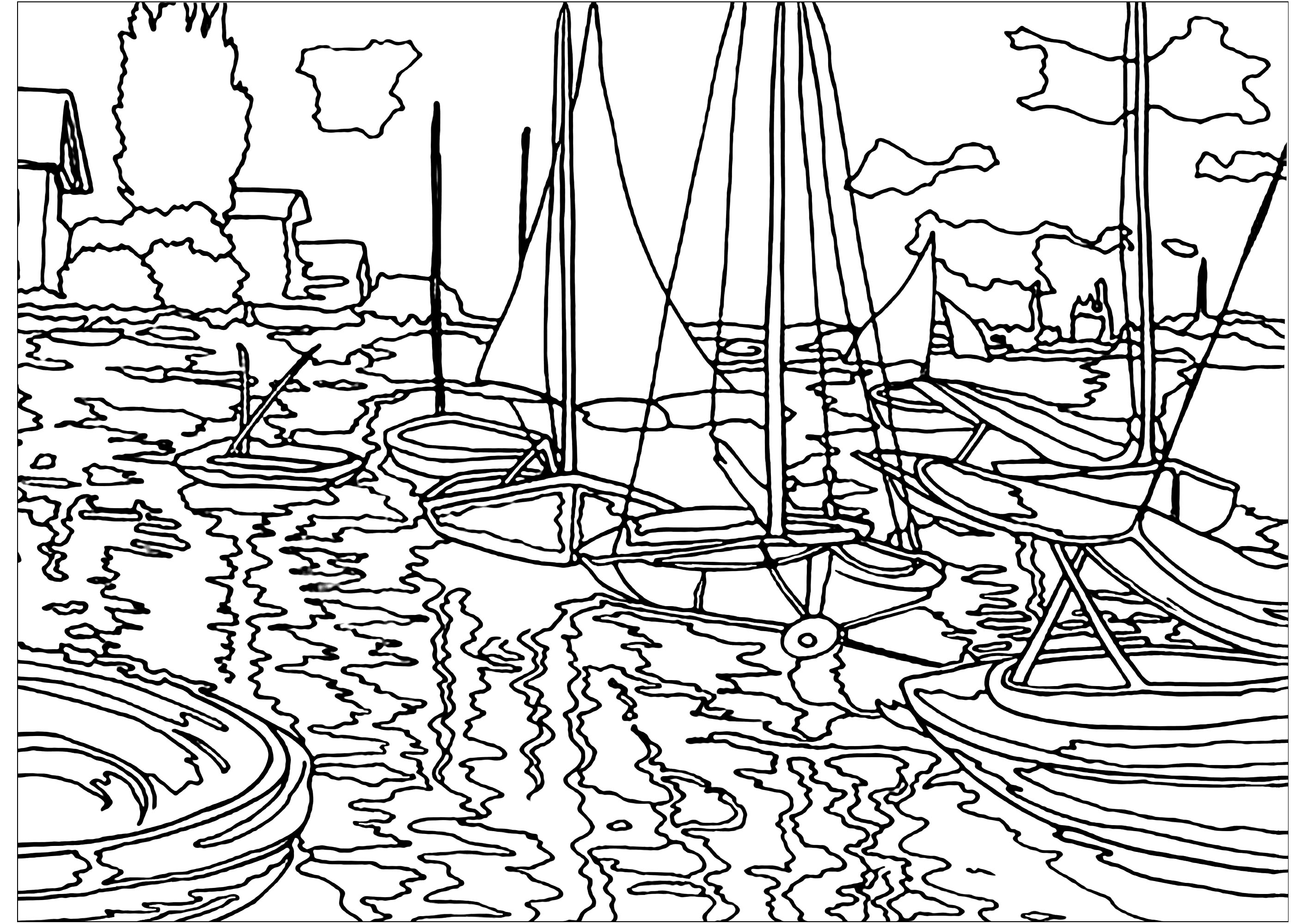 Coloring page created from a painting by Impressionist artist Claude Monet : Sailboats on the Seine at Petit - Gennevilliers, Artist : Art. Isabelle