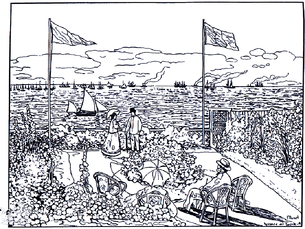 Coloring page created from 'Garden at Sainte-Adresse' (1867), by Claude Monet