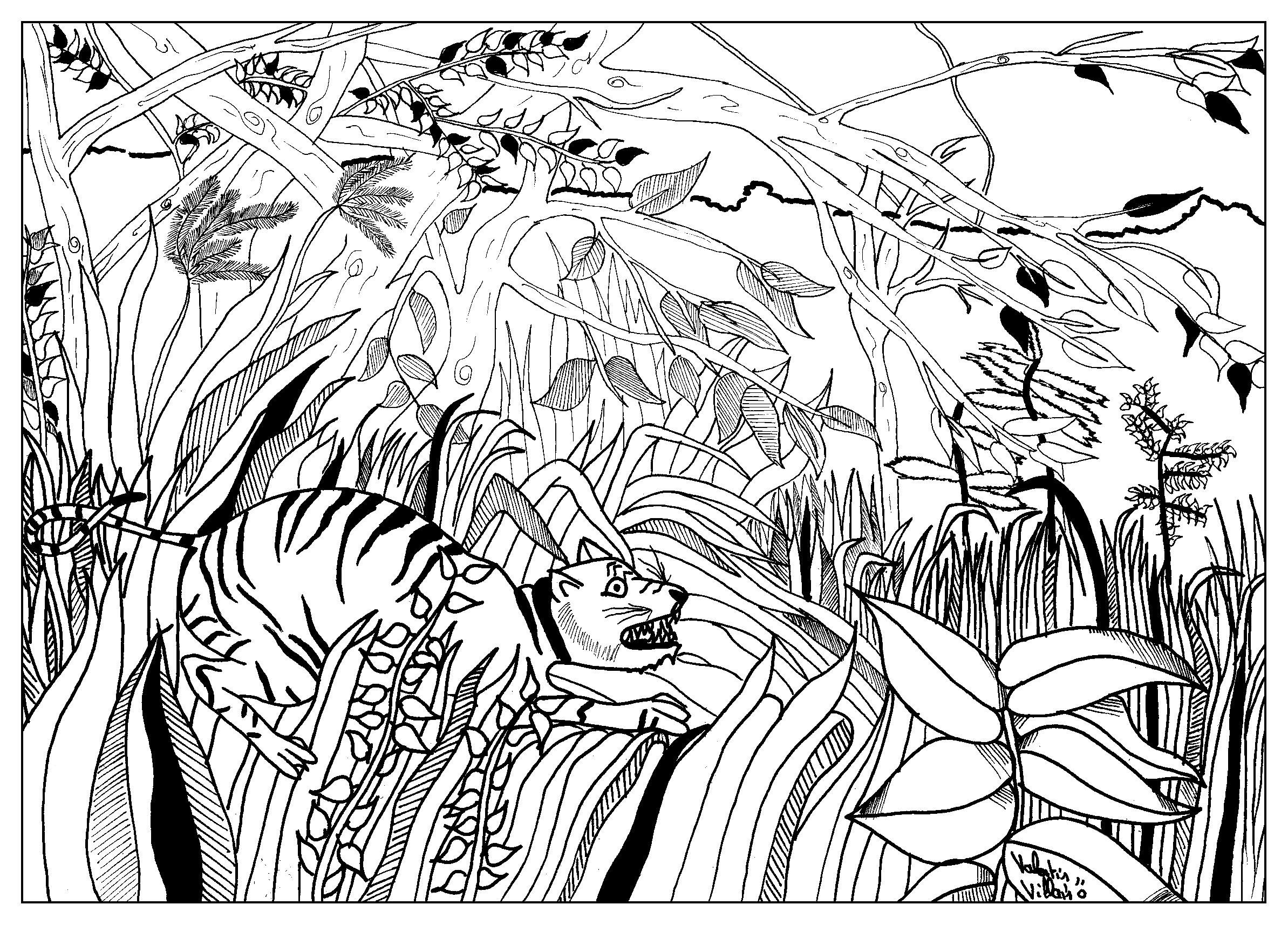 Coloring page inspired by 'Surpris !' by French artist Henri Rousseau, Artist : Valentin