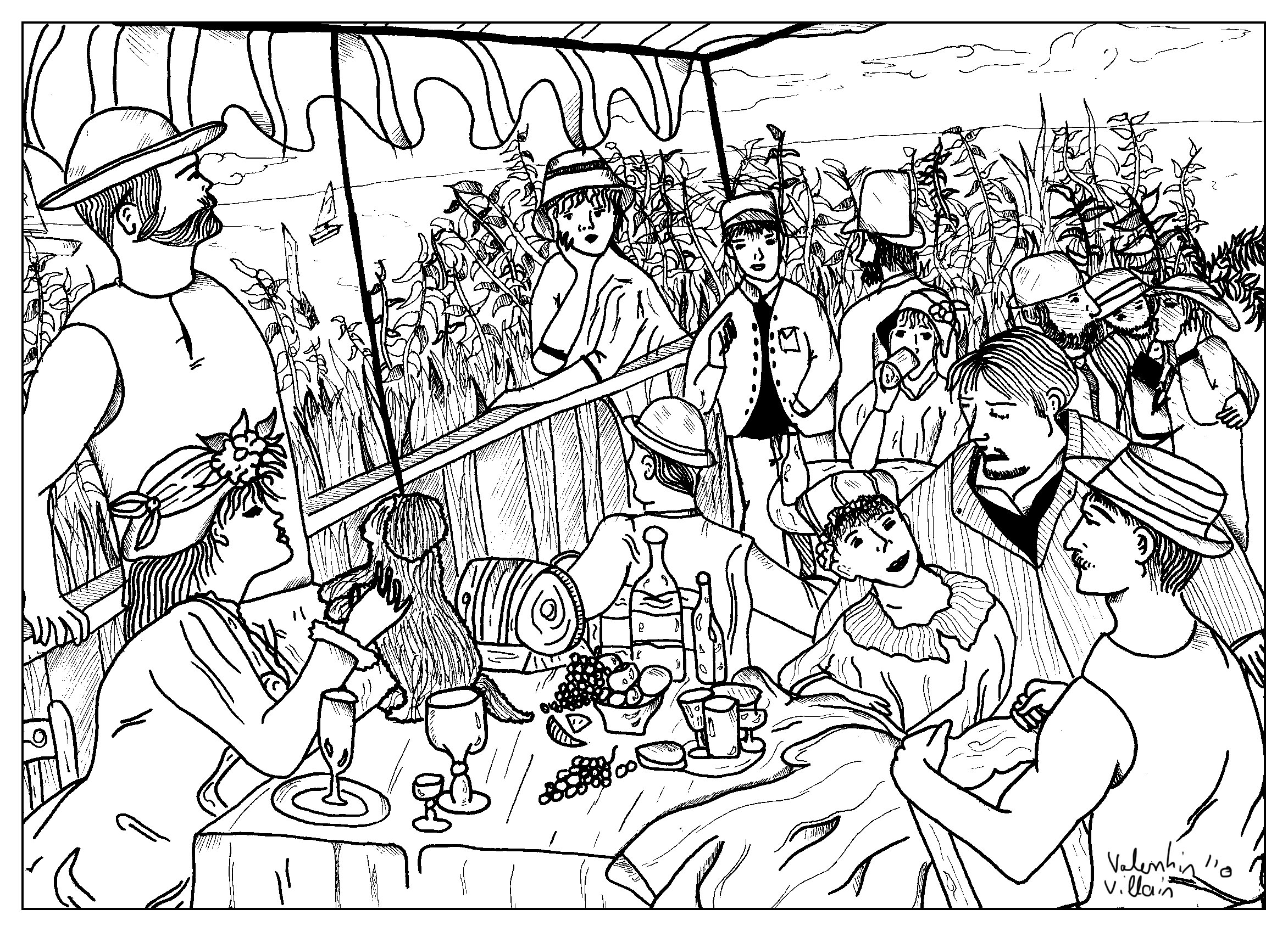 Coloring page inspired by 'Le Déjeuner des Canotiers' (1880–1881) by Pierre-Auguste Renoir, French leading painter in the development of the Impressionist style. 'Le Déjeuner des Canotiers' is a celebrated masterpiece from the Impressionist era, depicting a leisurely scene of people enjoying lunch at a riverside restaurant in Chatou, France.The painting is known for its vibrant colors, dappled sunlight, and the artist's signature focus on capturing the fleeting moments of everyday life, exemplifying the essence of Impressionism, Artist : Valentin   Artist : Urielle