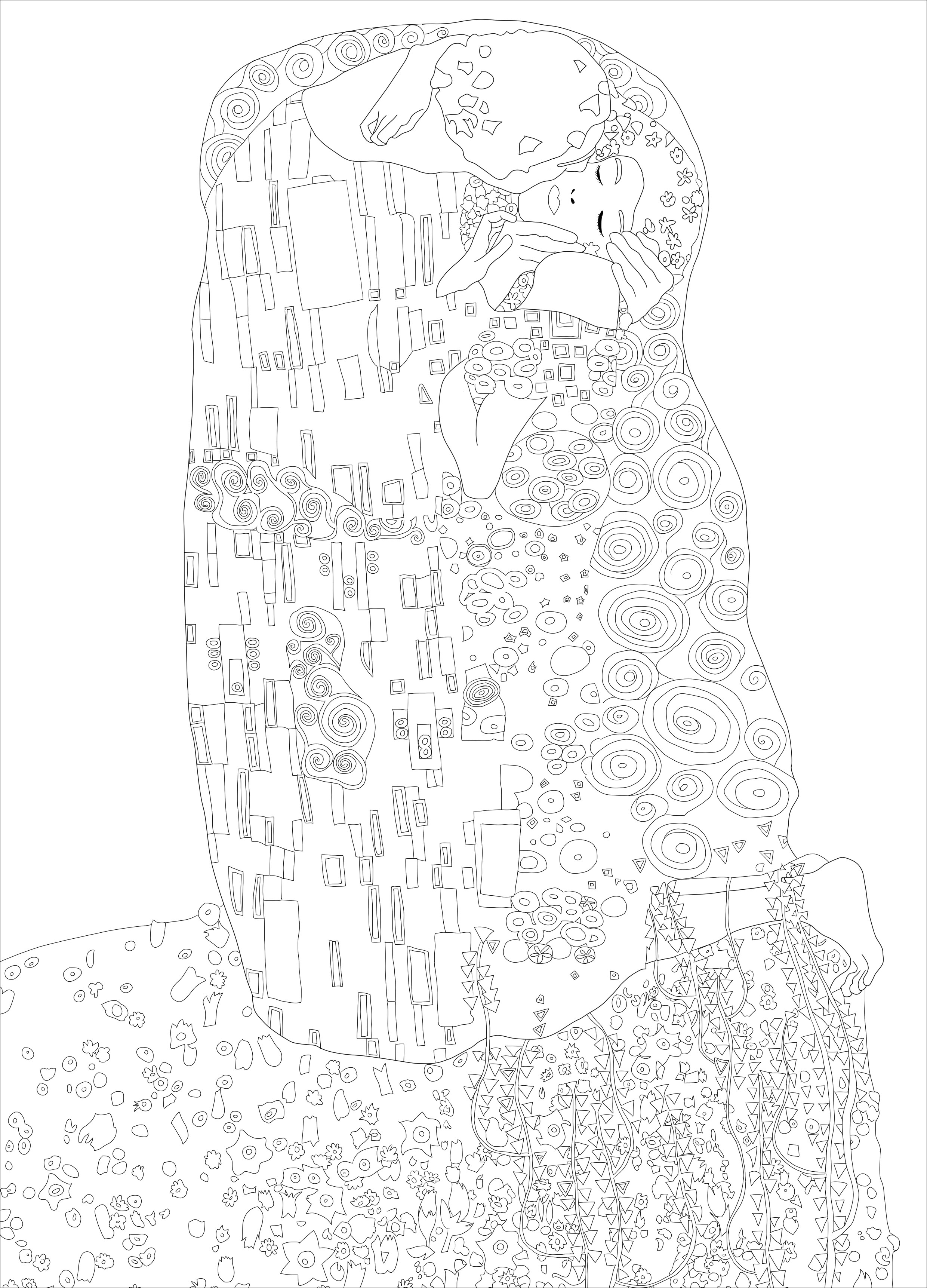Coloring page created from the painting 'The Kiss' by Gustav Klimt. The painting is considered a masterpiece of the Art Nouveau movement and is one of Klimt's most popular works. It is currently housed at the Österreichische Galerie Belvedere museum in Vienna, Austria. The painting is known for its sensual and erotic nature, and its use of gold leaf and other decorative elements in the composition, Artist : Ji. M