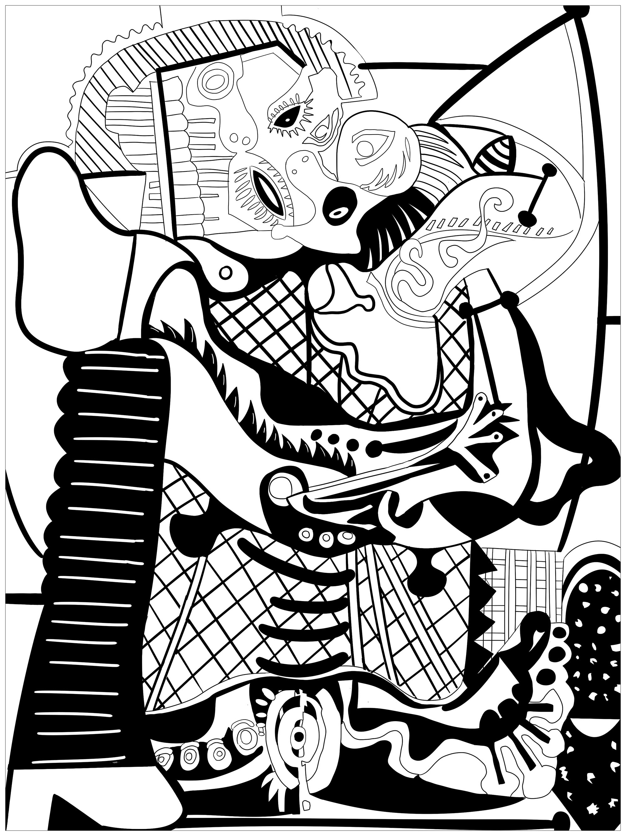 Coloring page inspired by a master piece by Pablo Picasso : The Kiss, Artist : Ji. M