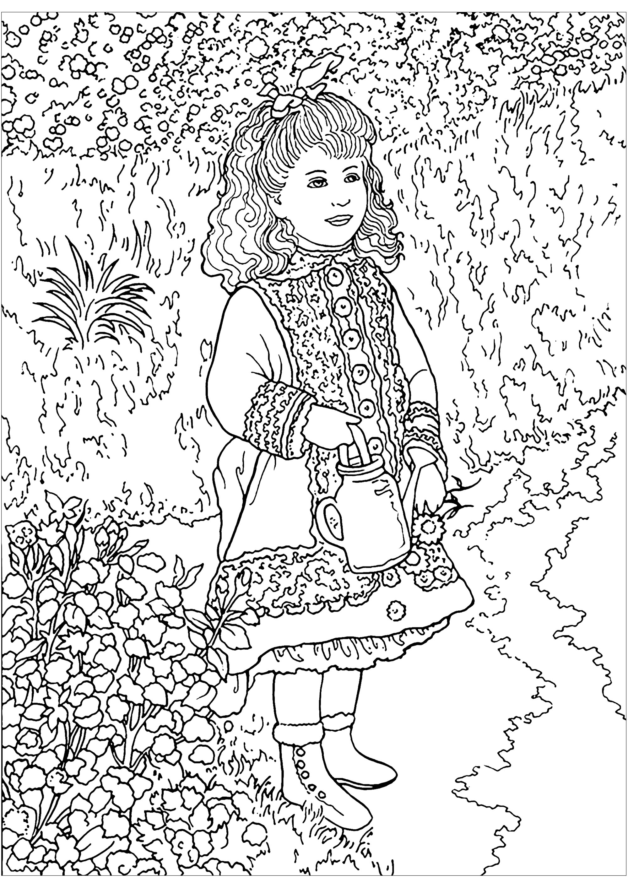 Coloring inspired by a masterpiece by Impressionist artist Pierre-Auguste Renoir: Young Girl with Watering Can. This painting shows a young girl holding a watering can. She is standing in a green, flower-filled garden, surrounded by trees and flowers.In the original, the colors are soft and luminous, as if illuminated by the sun. It's up to you whether you try to reproduce these colors, or let your imagination run wild!, Artist : Art. Isabelle