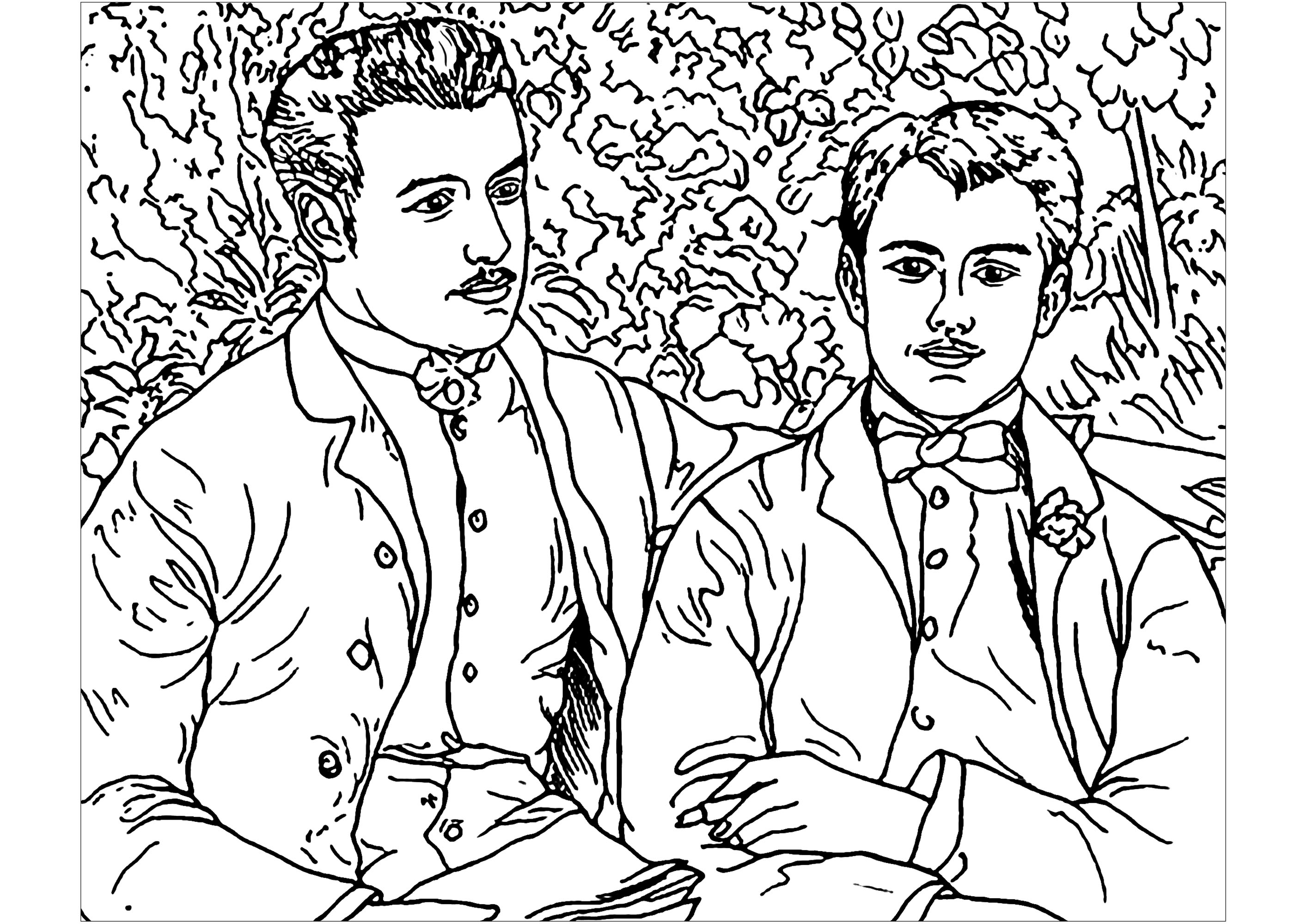 Coloring page inspired by a painting by Impressionist artist Pierre-Auguste Renoir : Portrait of Charles and Georges Durand Ruel, Artist : Art. Isabelle