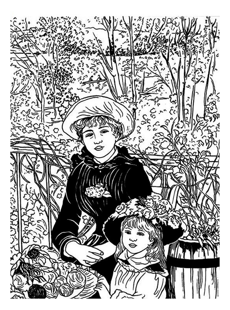 Coloring page created from Two sisters (on the terrace), by Renoir. 'Two Sisters (on the terrace)' is a famous painting by Pierre-Auguste Renoir dating back to 1881. Created on the terrace of the Maison Fournaise in Chatou, on the banks of the Seine, it depicts two young women, one dressed in blue and wearing a red hat, the other with a floral hat, sitting outdoors with a basket of wool.Jeanne Darlaud, a future actress, posed as the model for the elder sister. The painting was sold to Paul Durand-Ruel in 1881 for 1,500 francs, first exhibited in 1882, and then acquired by the Art Institute of Chicago in 1933, where it remains on display.
