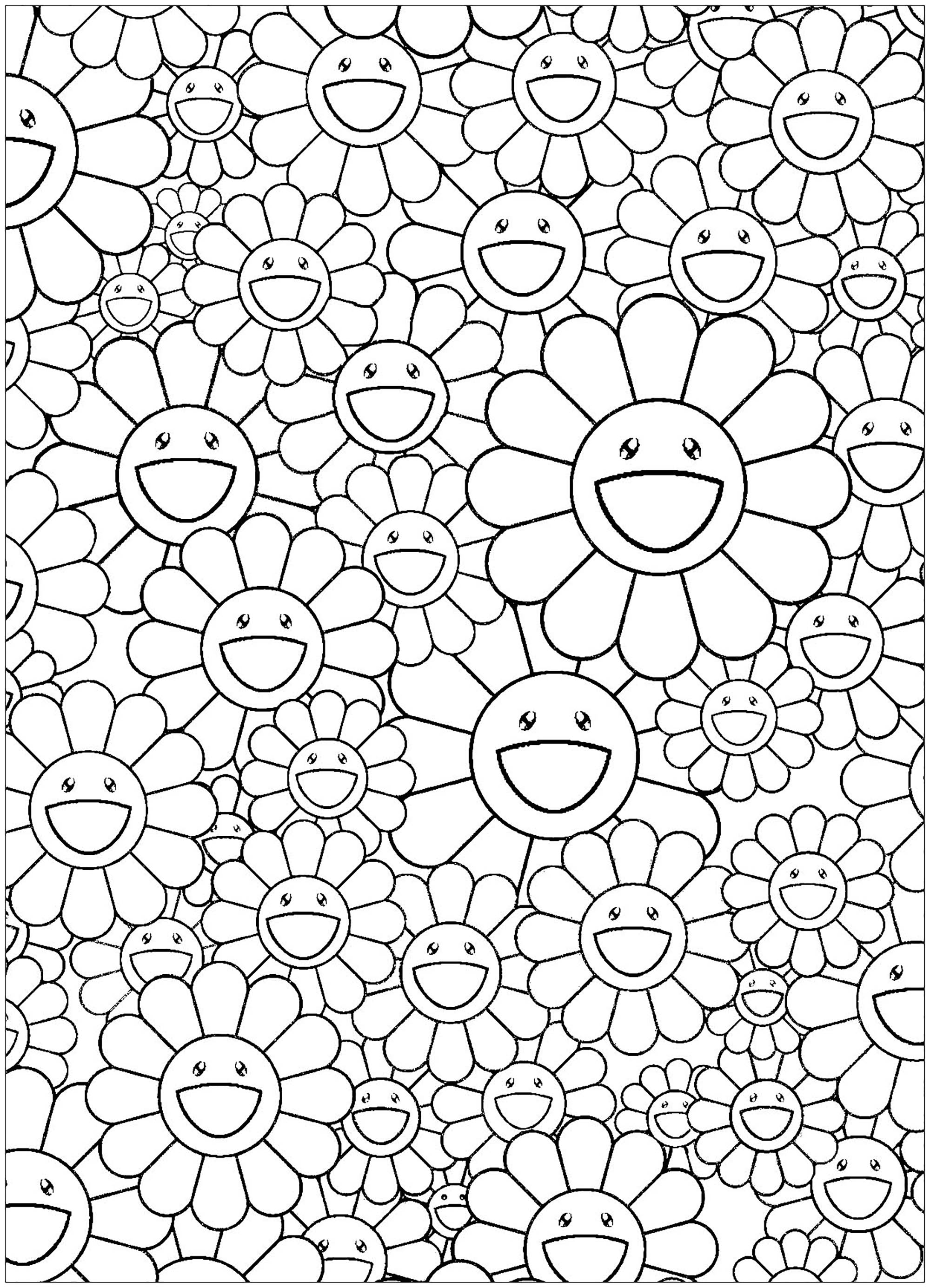 Coloring page inspired by a work by Japanese artist Takashi Murakami (style : Superflat) - simple version. Happy flowers !