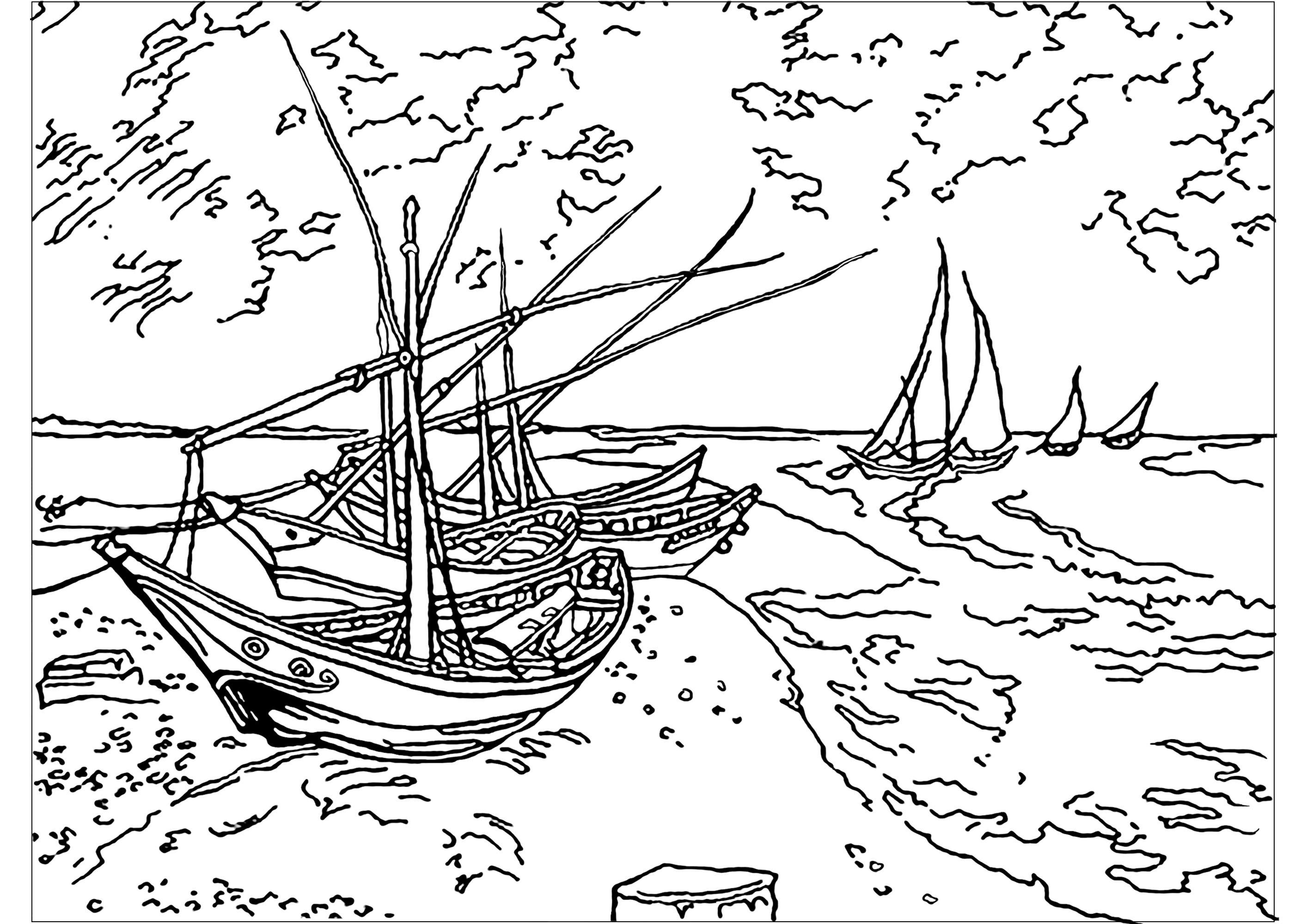 Coloring page created from a painting by Vincent Van Gogh : Fishing Boats on the Beach at Saintes-Maries, Artist : Art. Isabelle