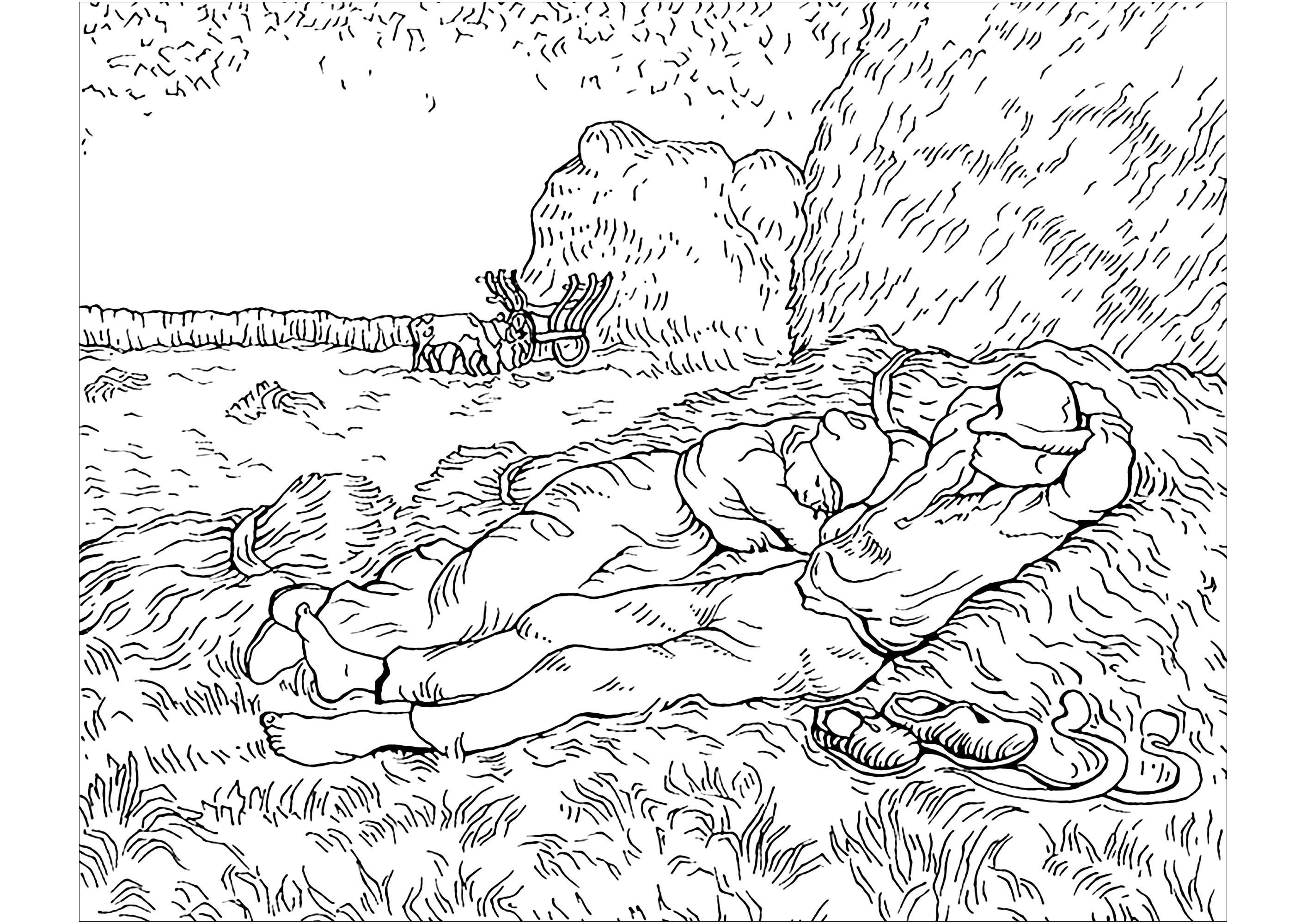 Coloring page created from a painting by Vincent Van Gogh : Noon (Rest from work), Artist : Art. Isabelle