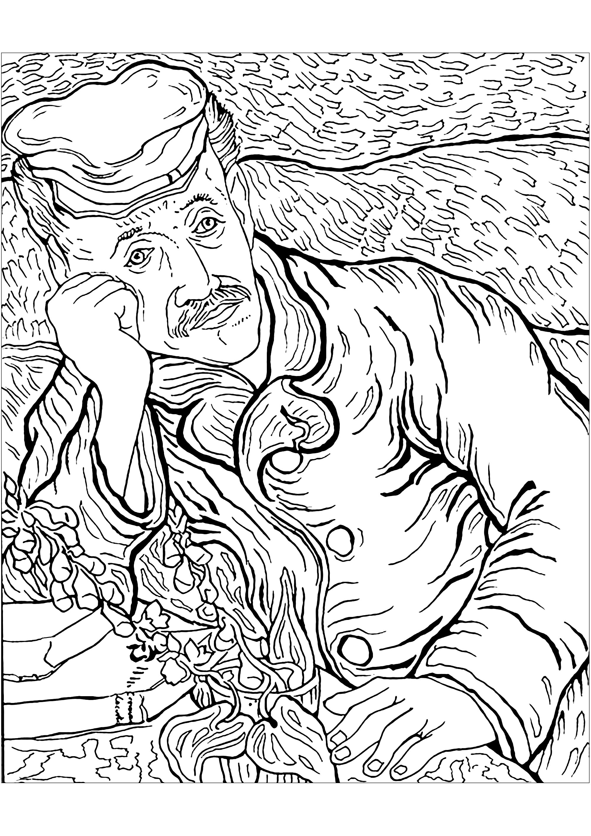 Coloring based on a painting by Vincent Van Gogh: Portrait du Docteur Gachet (1890). Dr. Gachet, a key figure in Vincent Van Gogh's last period in Auvers, was a homeopathic physician with a wide range of interests, including palmistry, and a great passion for the arts. He was an engraver and maintained relationships with renowned artists such as Manet, Monet, Renoir and Cézanne. After his internment at Saint-Rémy-de-Provence, Van Gogh, on the recommendation of his brother Theo, went to see psychiatric specialist Dr. Gachet. Dr. Gachet supported Vincent in his struggle against his anxieties, and offered him a favorable setting for artistic creation.Van Gogh painted a portrait of Dr. Gachet, reflecting a period of great creativity. The portrait shows the doctor in a melancholy posture, symbolizing the turmoil of the time. However, a note of hope is provided by the foxglove flower, known for its healing properties. Despite Dr. Gachet's help, van Gogh eventually succumbed to his inner demons and took his own life, Artist : Art. Isabelle