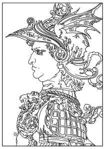 Coloring adult leonardo da vinci profile of a warrior in helmet 1477