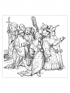 Coloring page adult jerome bosch group of ten spectators 1516