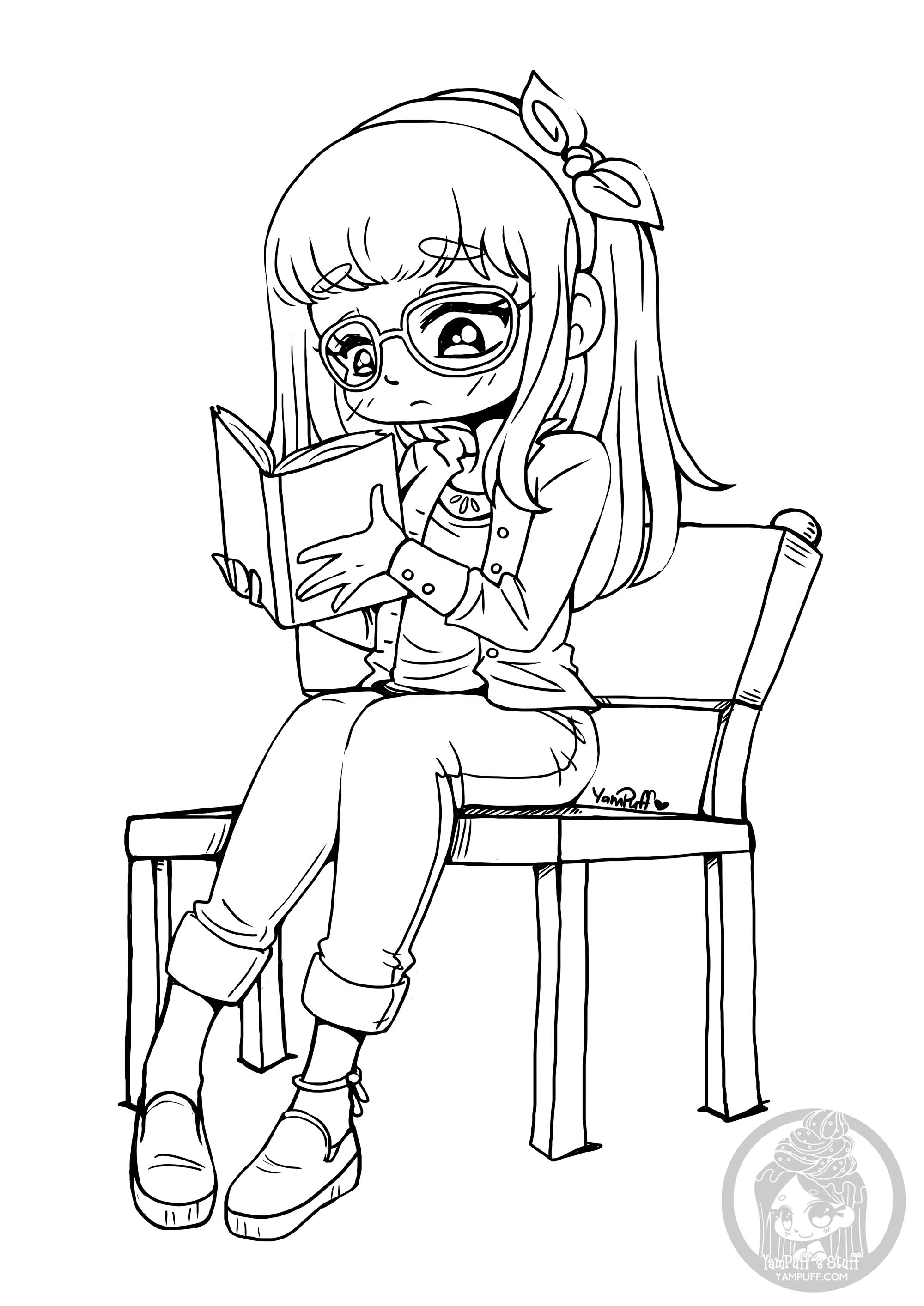 Colour it in quietly so as not to disturb that girl reading!. This girl is calm and peaceful, and you can almost hear the silence. Color her in quietly so as not to disturb this pretty reader, Artist : Yampuff