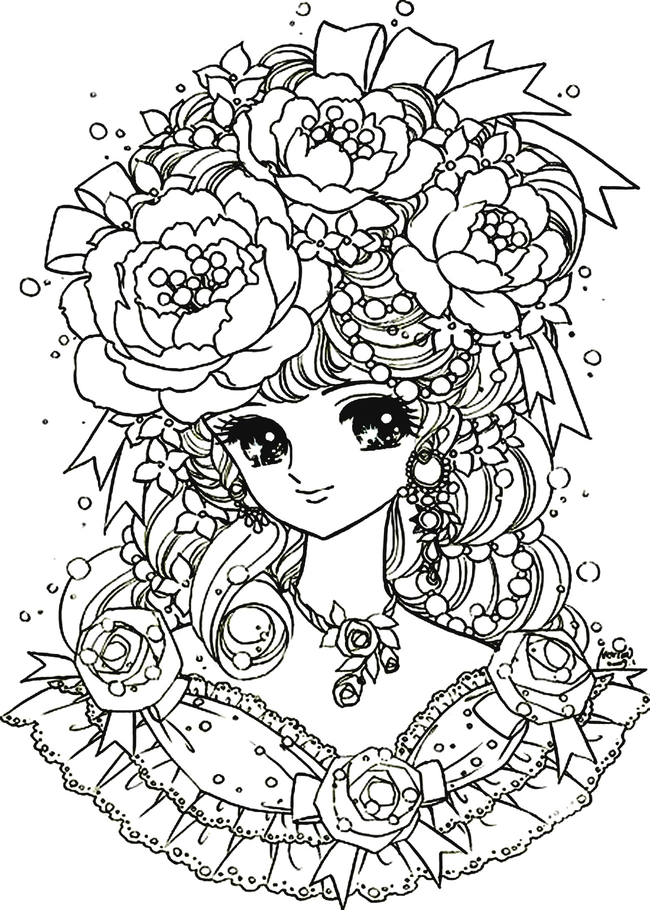 Manga coloring page of a girl with roses in her hair