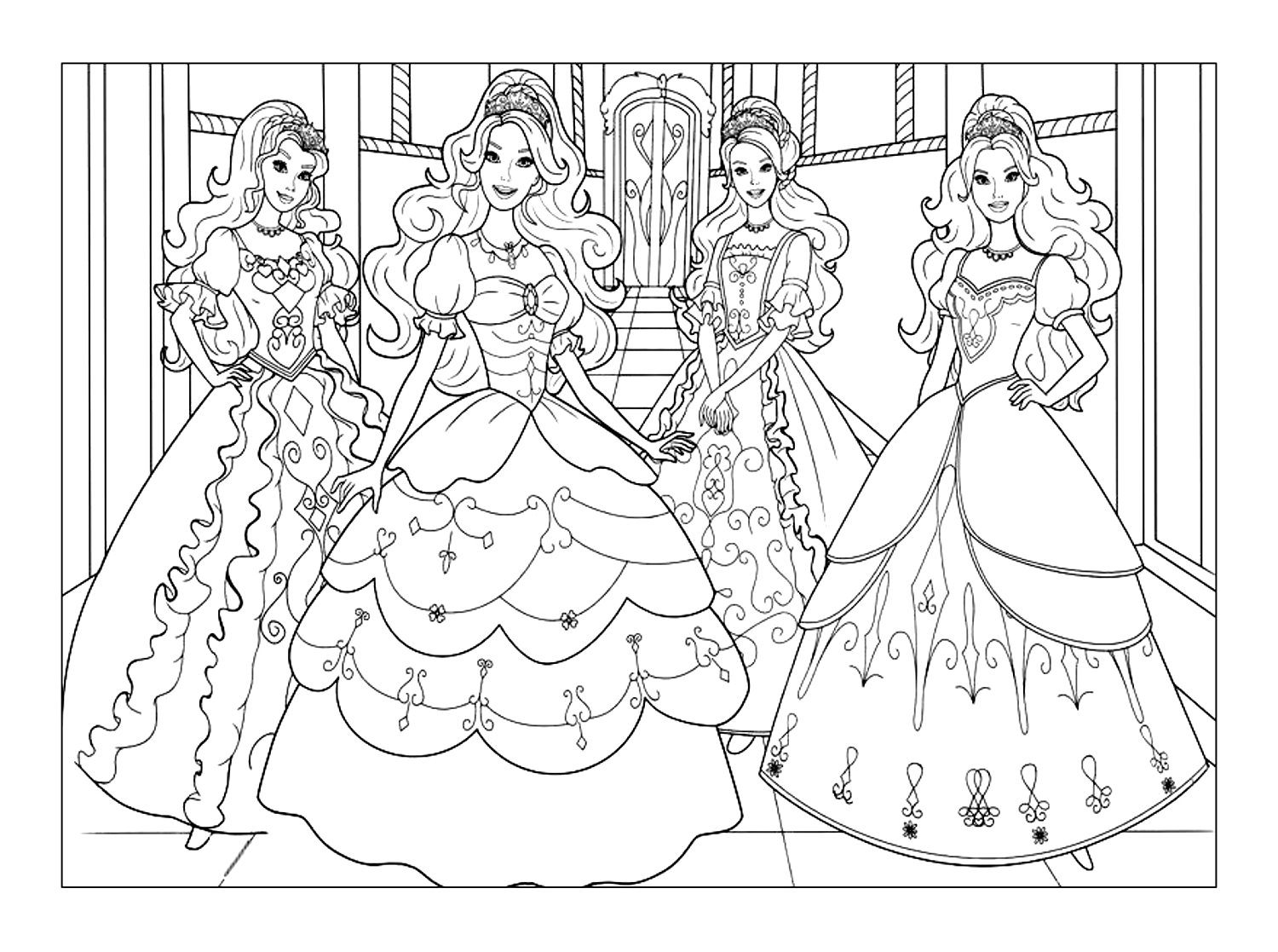Pretty Barbie princesses. Four Barbie princesses in gorgeous dresses. An intricate coloring scheme that's sure to take you back to childhood.