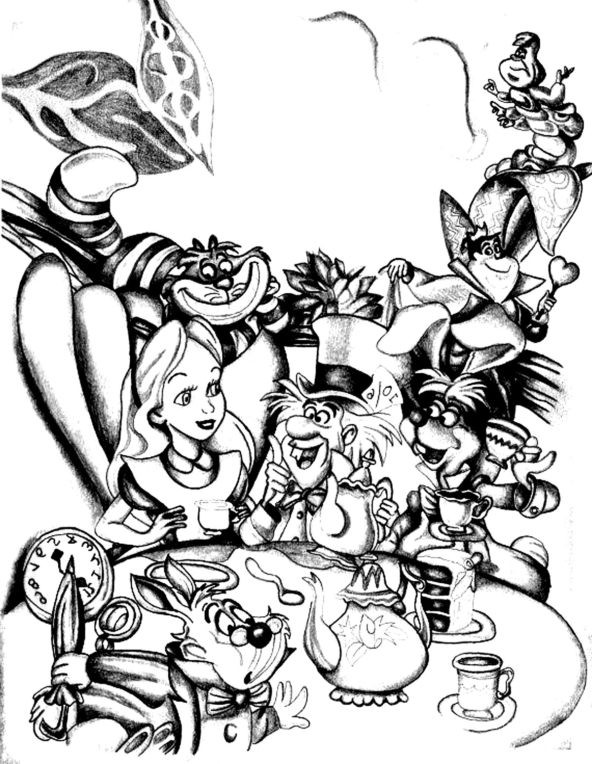 Various characters from Alice in Wonderland (Disney). It features Alice, the Mad Hatter and the March Hare, as well as the Cheshire Cat, the Queen of Hearts and the King of Hearts.