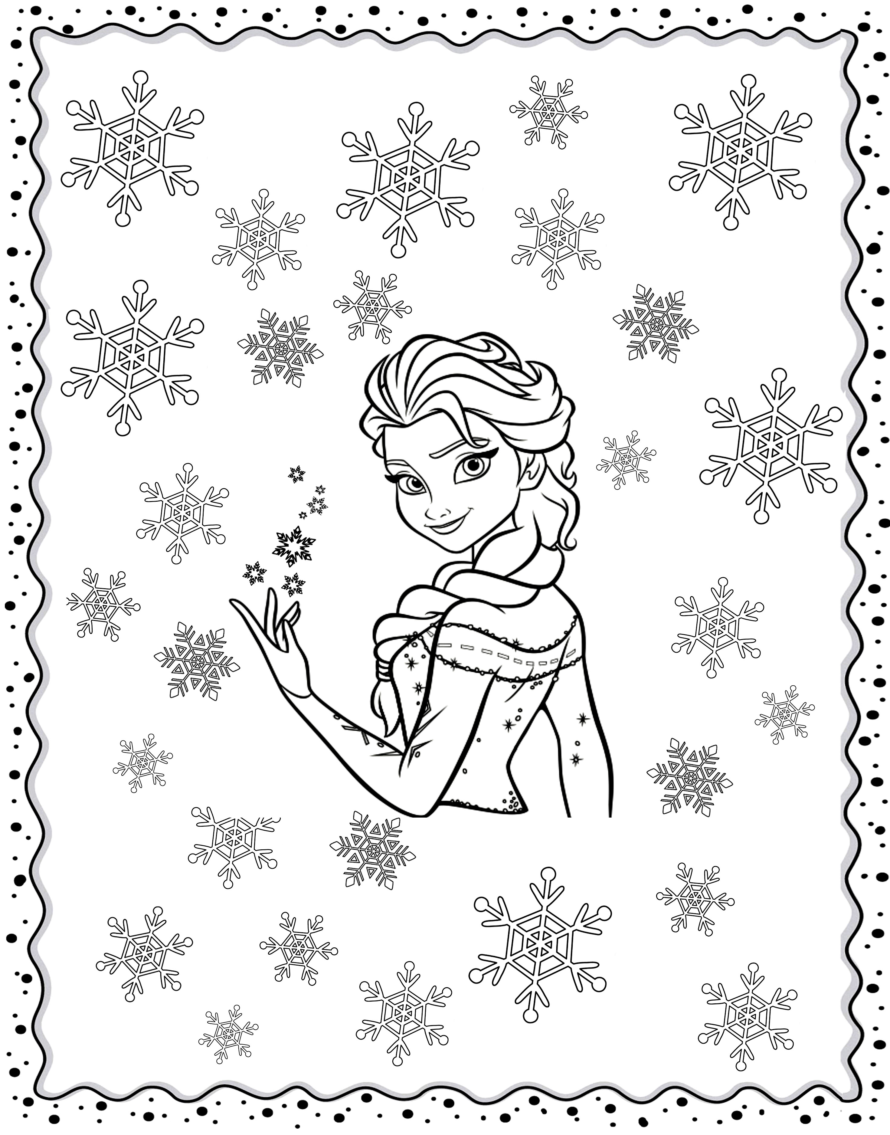 Original coloring inspired by Frozen, with Elsa in middle of winter flakes