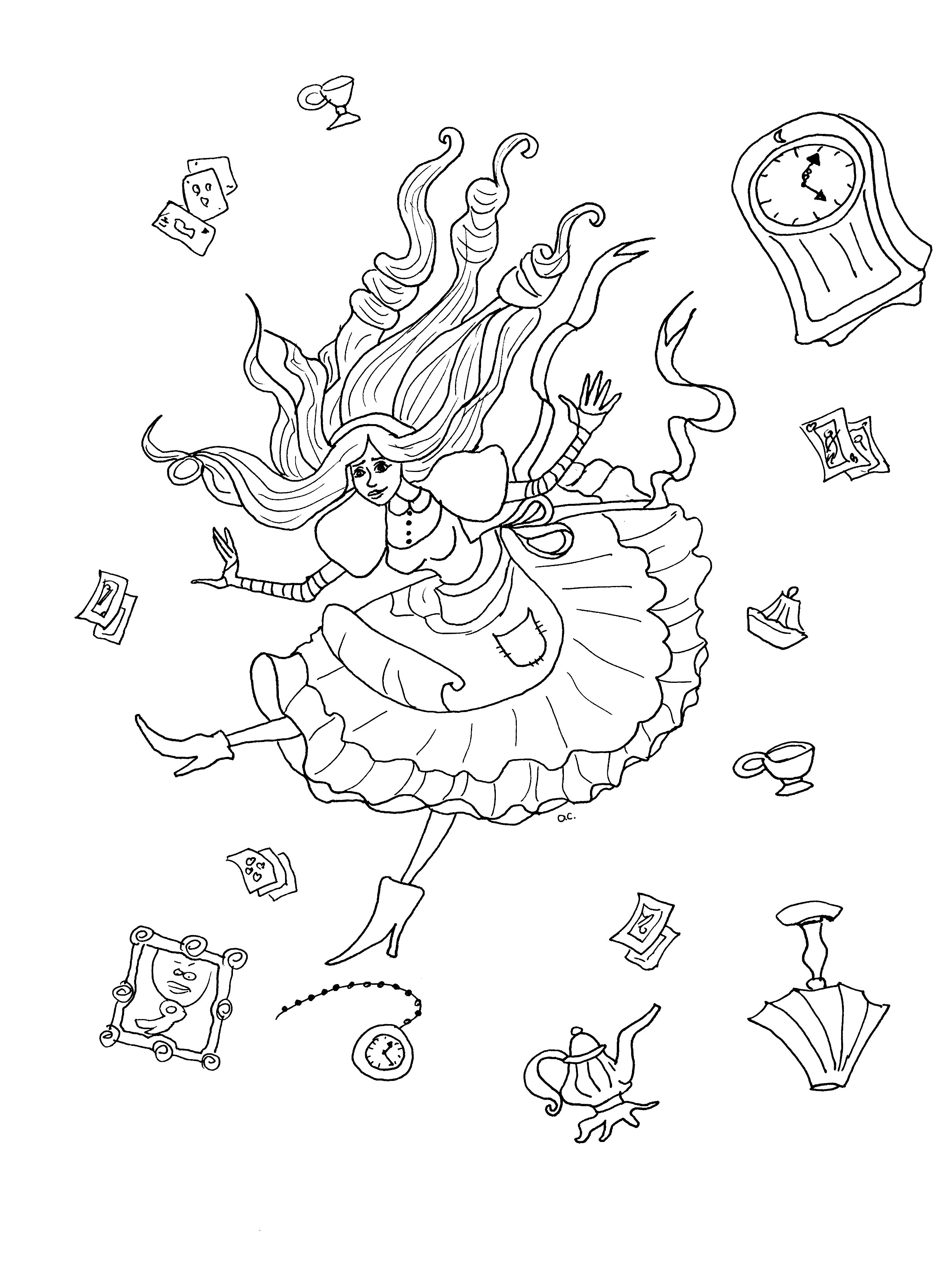 Original coloring page inspired by Alice in Wonderland (version 2 with objects), Artist : Olivier