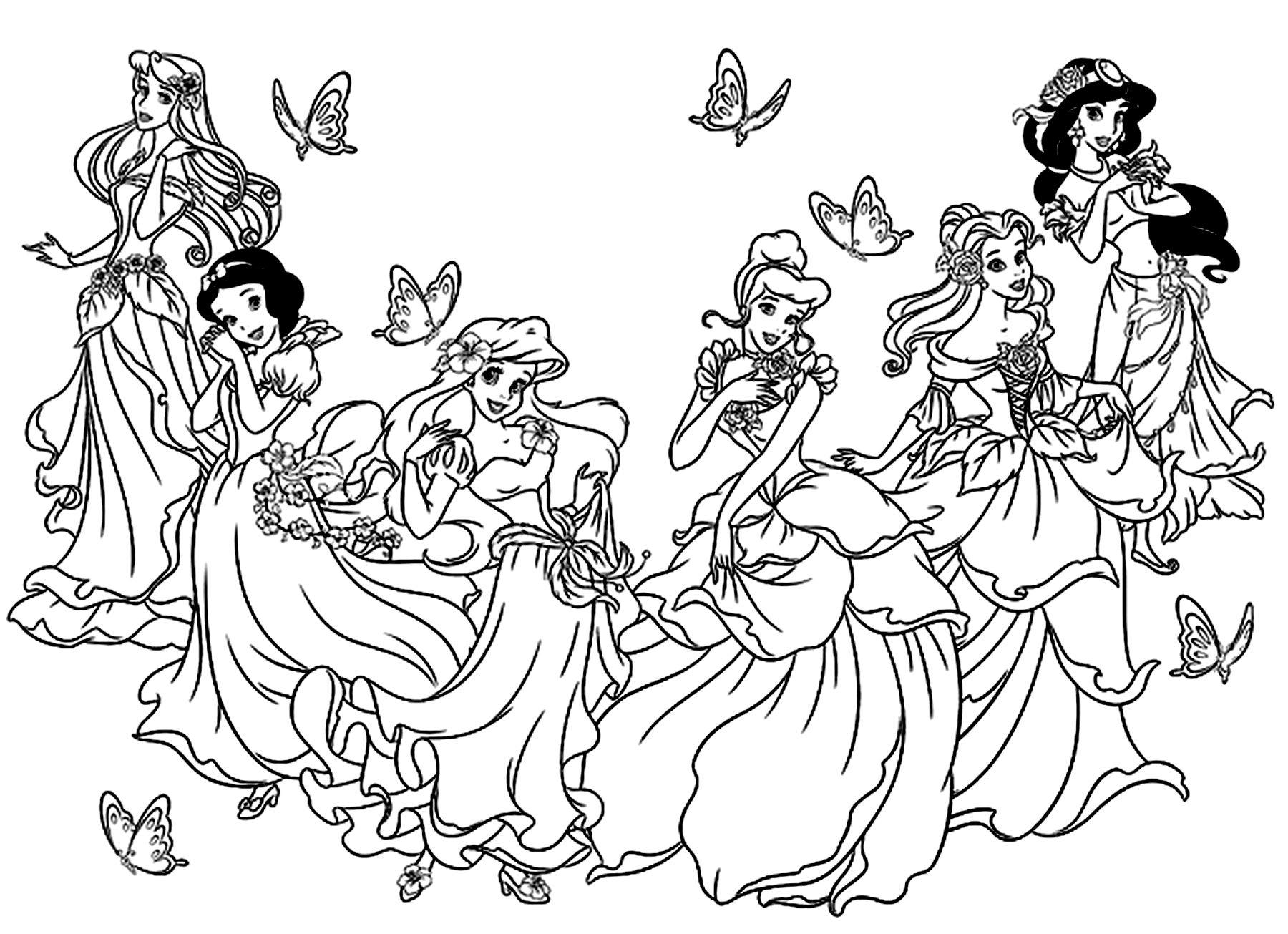 All the Disney Princesses in one coloring page. Snow White, Cinderella, Aurora (Sleeping Beauty), Ariel (The Little Mermaid), Belle (Beauty and the Beast) , Jasmine (Aladdin).These princesses are not in this drawing : Pocahontas and Mulan.