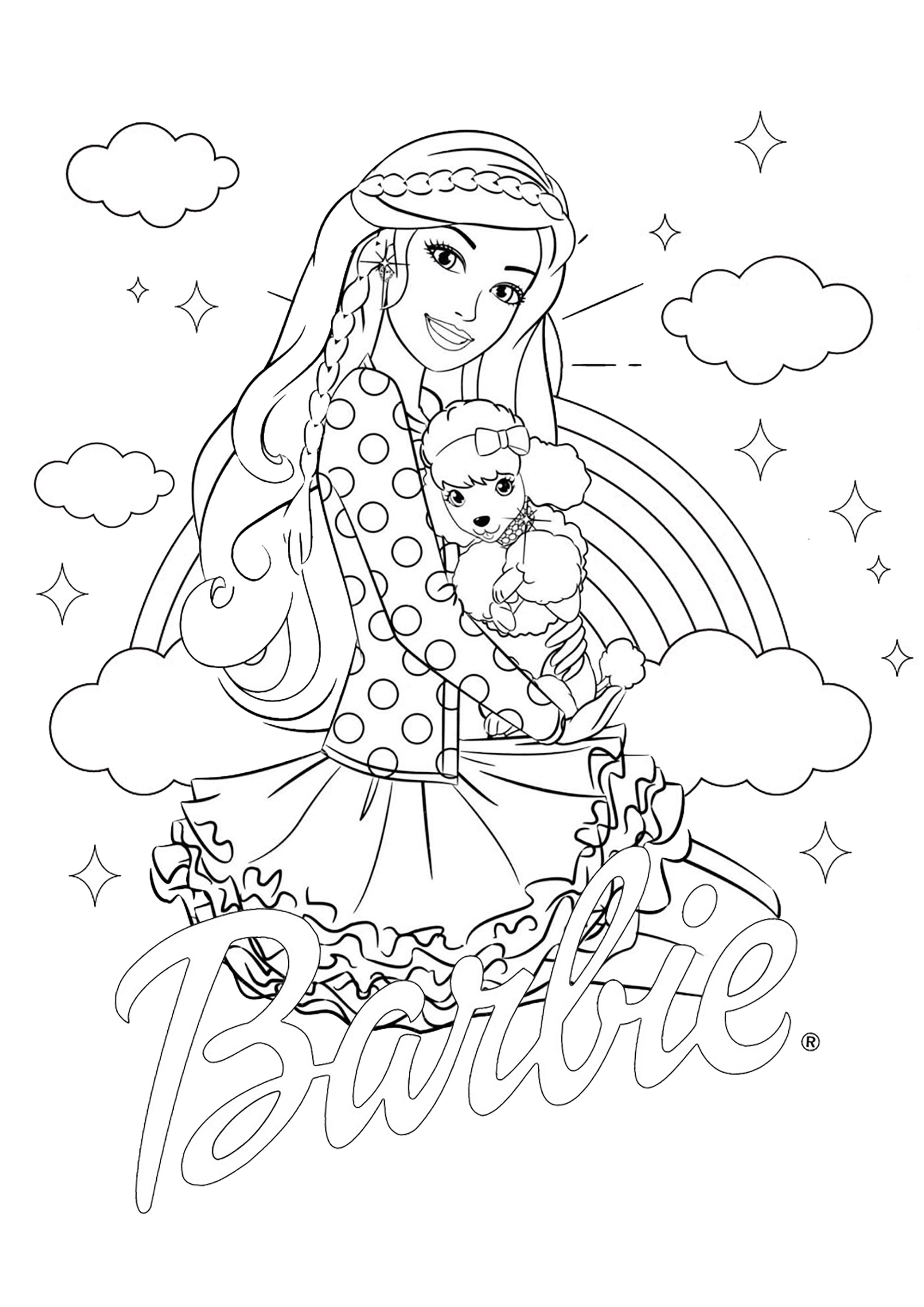 Barbie and her dog. Nice coloring of the beautiful Barbie and her little dog, with the Barbie logo and a background made up of a beautiful rainbow and pretty clouds, to add a little complexity.
