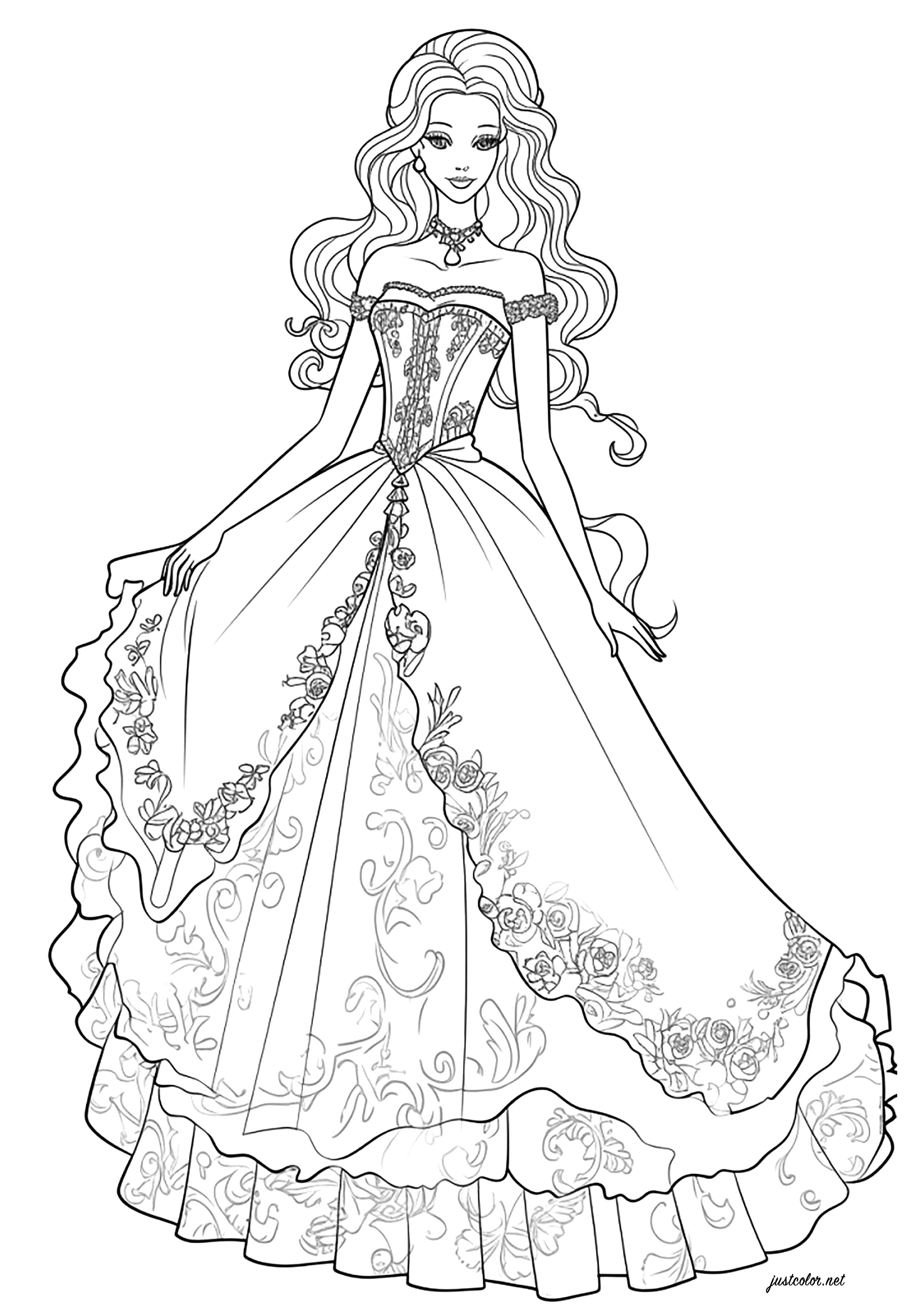 Barbie in a pretty princess dress. Color the pretty details of this Barbie-inspired female character's dress.