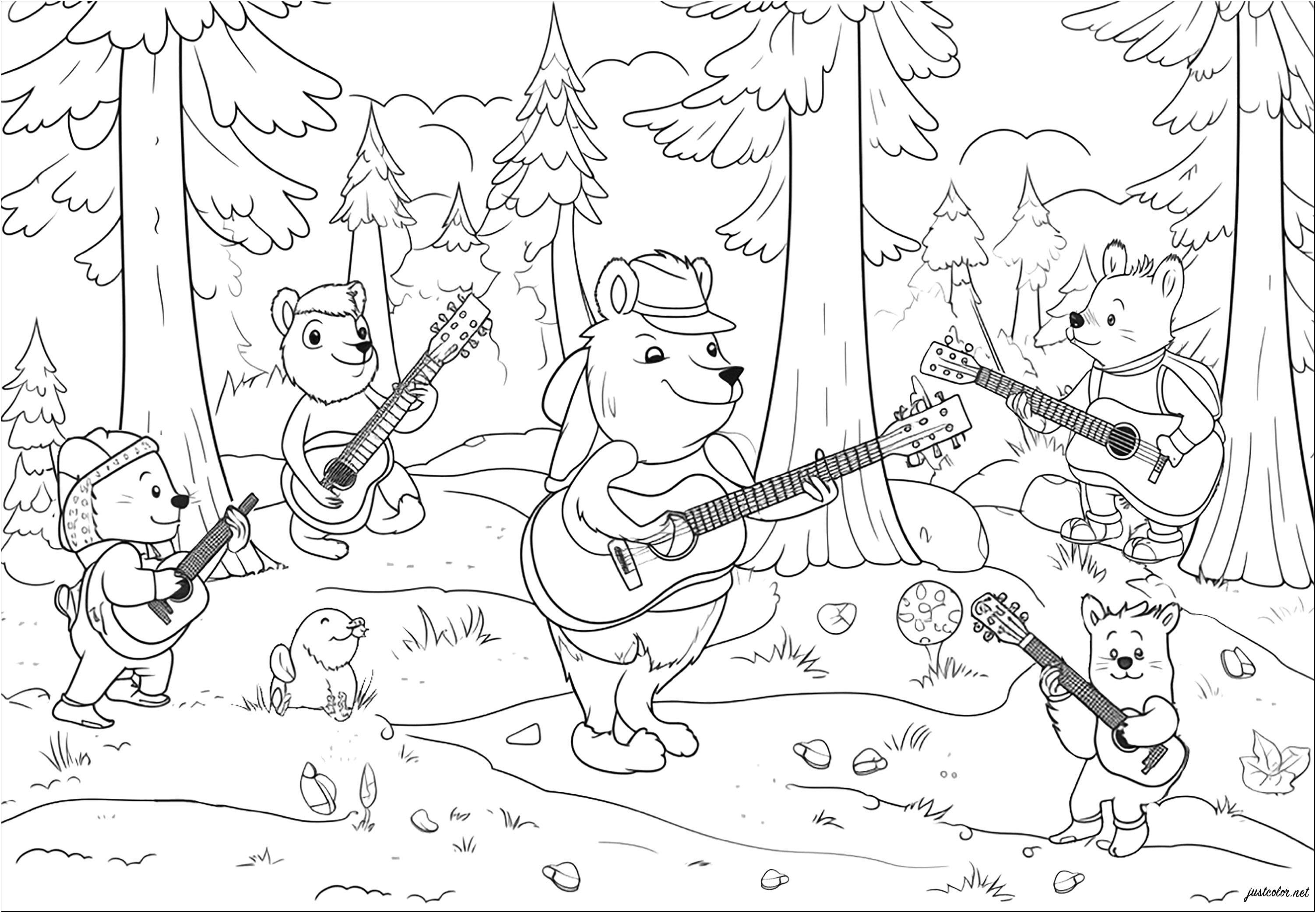 This coloring page is childlike but full of detail, with bears singing in a lovely forest. This coloring page is a real invitation to imagination and creativity. It also encourages us to open up to nature and respect its flora and fauna, Artist : Olivier