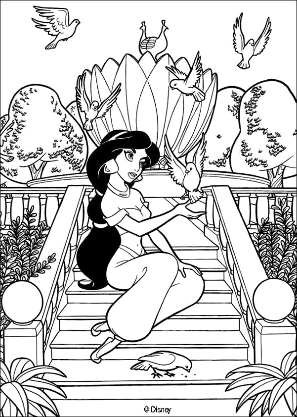 Colouring page featuring Jasmine, a character from the Disney classic Aladdin