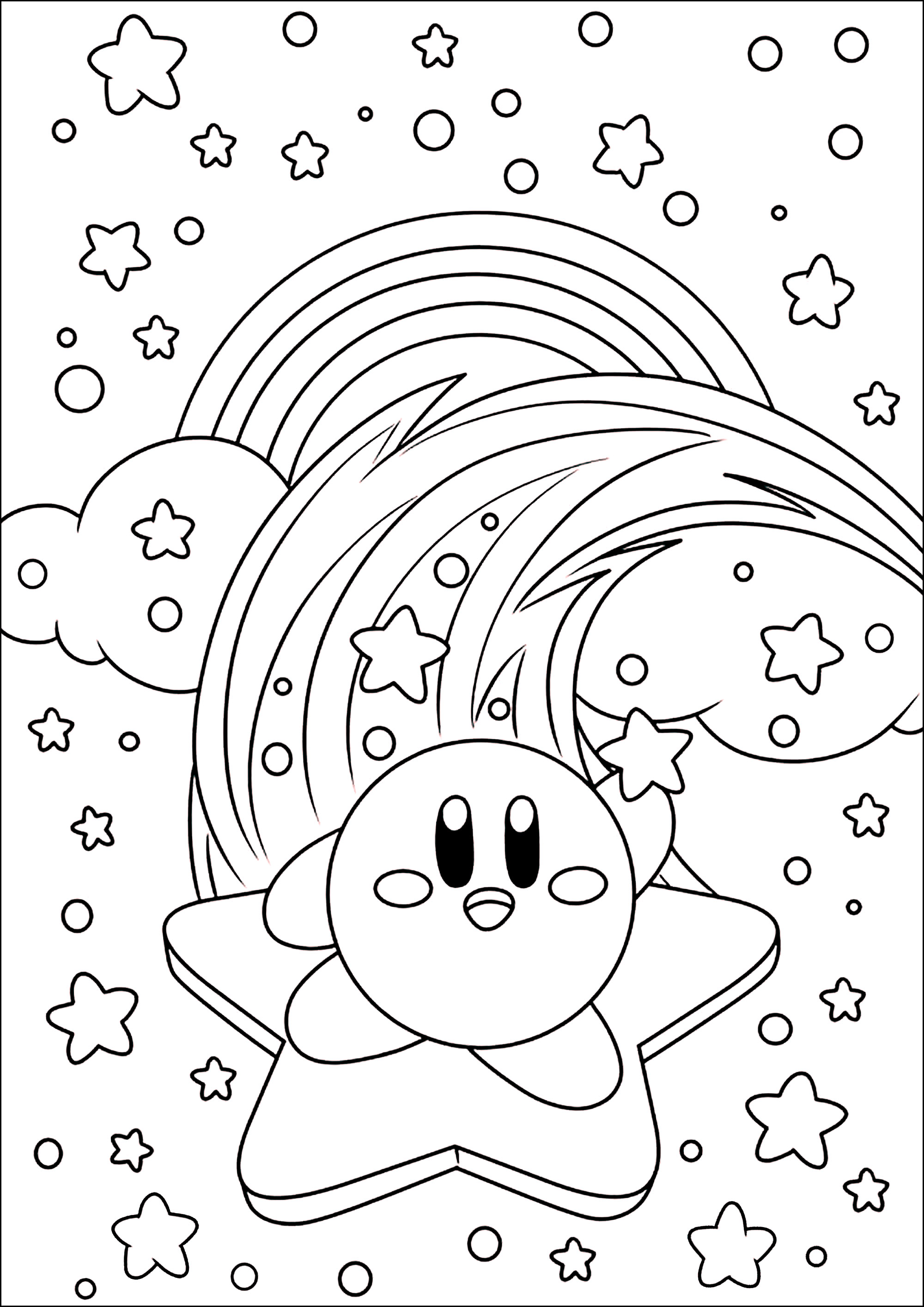 Kirby on a star in the sky with clouds and rainbow - Return to ...