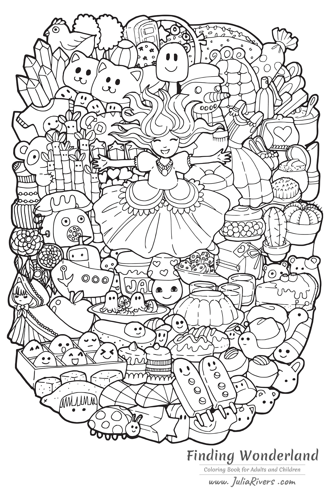 'Finding Wonderland' : Gorgeous coloring pages with a happy Princess and various Doodle characters (Kawaii style), Artist : Julia Rivers