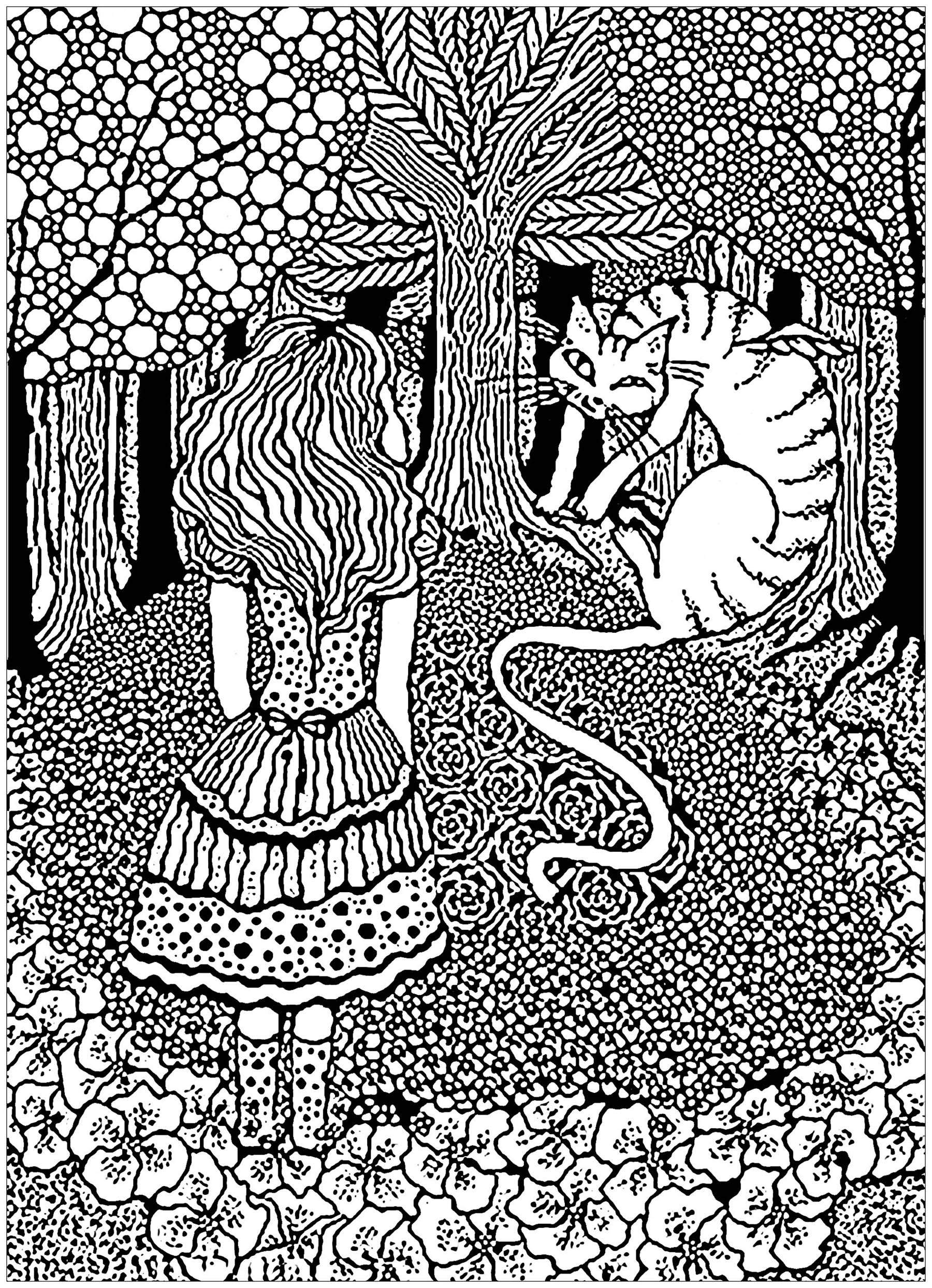 A complex coloring page with Alice in Wonderland with the Cheshire cat